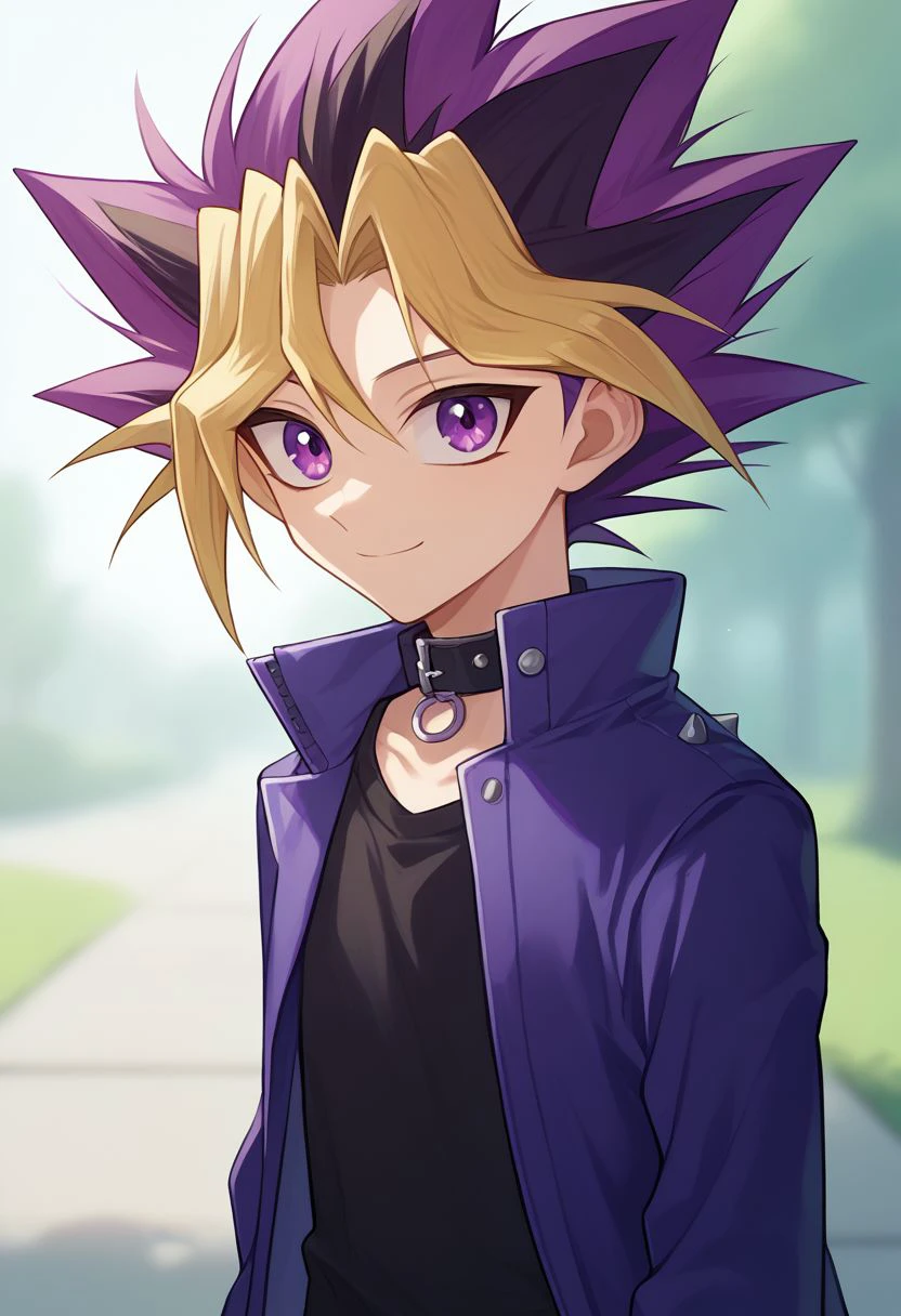 score_9, score_8_up, source_anime, highly detailed, 
yugi, 1boy, skinny, cute, male focus, solo, dyed bangs, smile, purple eyes, blonde hair, spiked hair, bangs, shirt, collar, multicolored hair, jacket, black shirt, purple hair, 
outdoor,