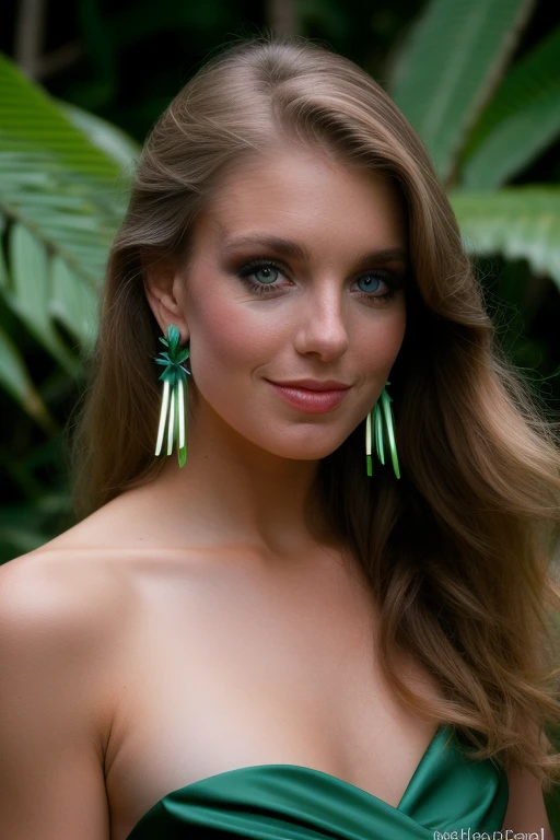 candid portrait of a beautiful woman, photo, stunning face, in a jungle paradise, stunning dress, earrings, 8k uhd