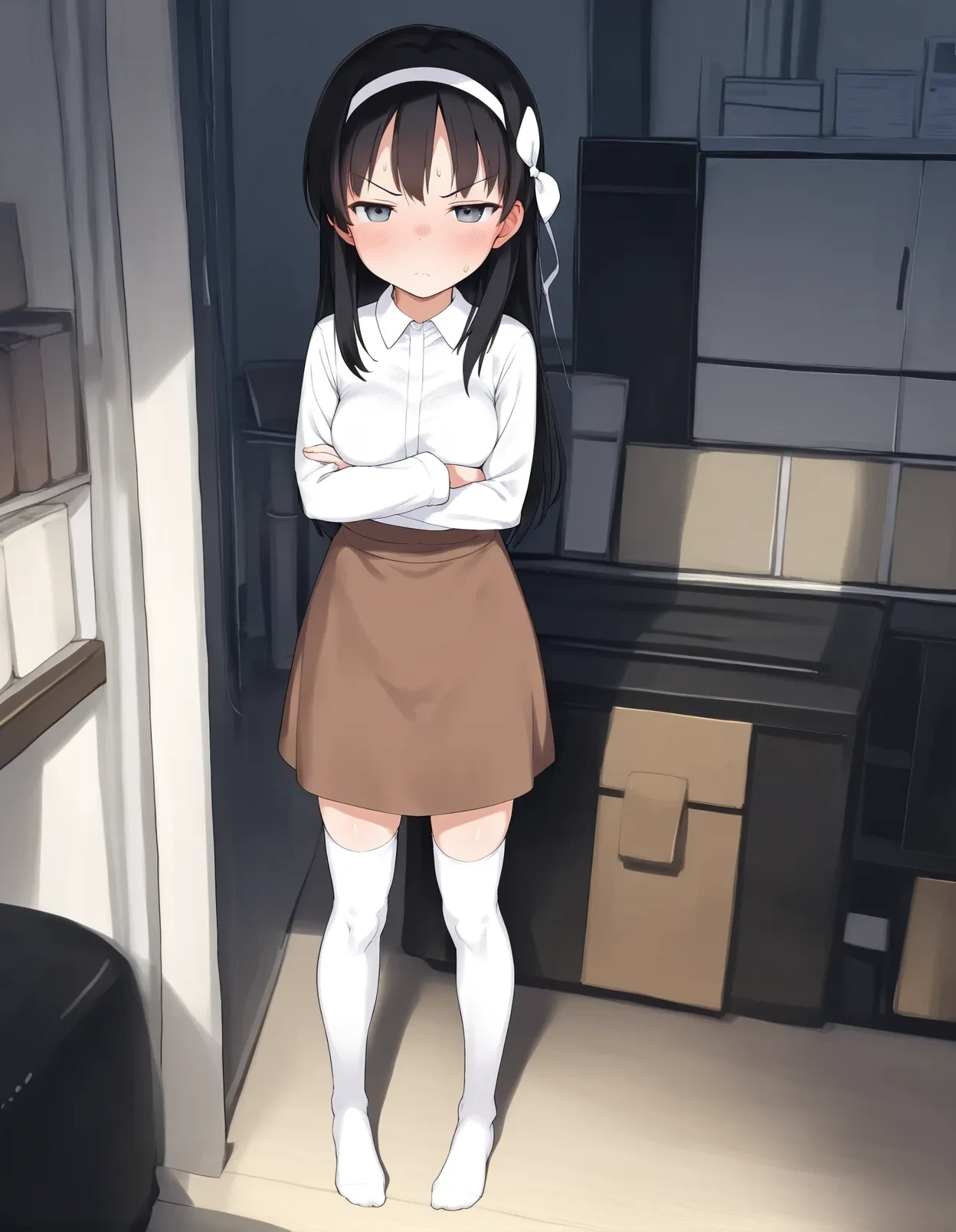 score_9, score_8_up, score_7_up, score_6_up,score_5_up,score_4_up, angry,frown, 1girl, shirt, white shirt, thighhighs, bow, skirt, white thighhighs, white bow, closed mouth, black hair, collared shirt, hair bow, no shoes, white hairband, signature, hairband, blush, looking at viewer, long sleeves, sweat, long hair, brown skirt, grey eyes, dress shirt, indoors, :<, sweatdrop, hand up, breasts, crossed arms, standing, half-closed eyes,
hairband<lora:yone_kinji_style_pony6_v2-000028:.6>