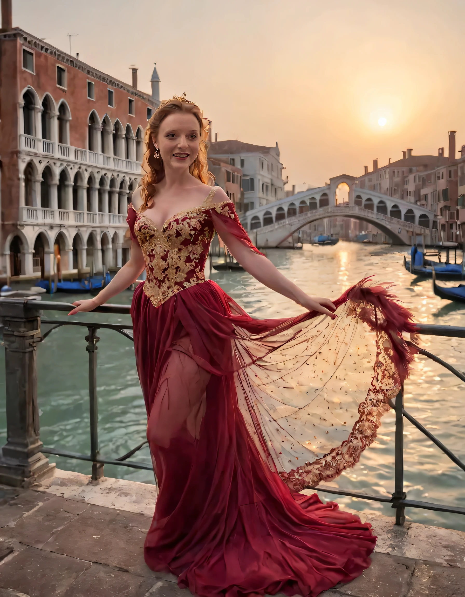 As the moonlit evening sets upon Venice, Harriet Slater emerges from the mists along the Grand Canal, her silhouette framed by the Gothic arches of the Rialto Bridge. Clad in an exquisite gown adorned with intricate embroidery that sparkles like a constellation against the inky water, she is a vision in crimson and gold as she traverses the canal, her voluminous skirts flowing like the waters around her. A delicate lace veil drapes over her shoulders, casting a golden halo around her regal figure, while her hair cascades down her back in a waterfall of dark waves. Standing tall and proud on the bridge, she holds a fan fashioned from the feathers of exotic birds, their vibrant colors contrasting with her dark attire, as gondoliers serenade the evening air behind her. Her enigmatic smile seems to hold the secrets of the city itself, making her a testament to the enduring beauty and charm of Venice. <lora:wtqwyo18ff2c060f5va:1>