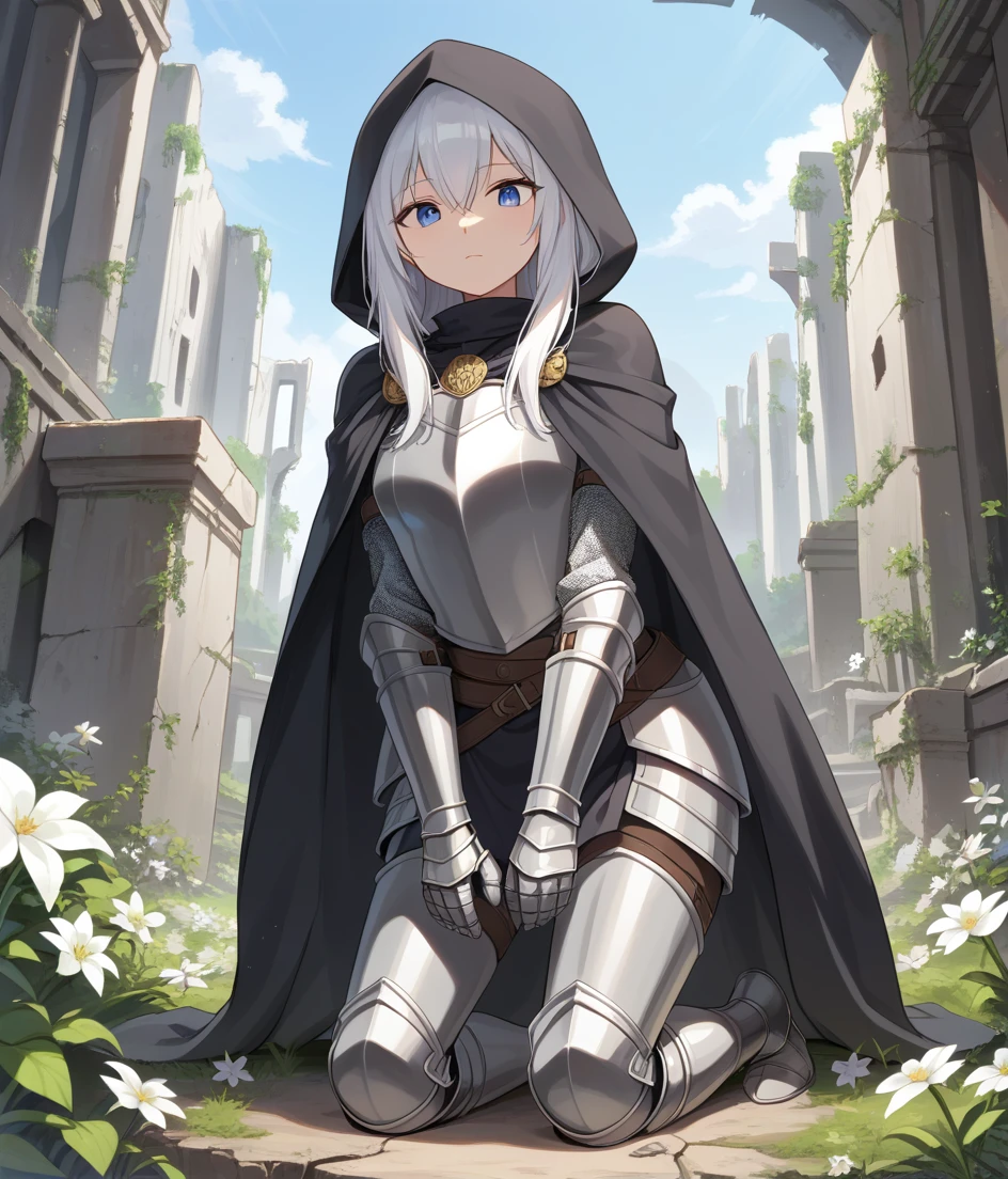 1girl, armor, blue eyes, cape, cloak, dress, flower, hood, kneeling, knight, long hair, looking down, sidelocks, solo, white hair, score_9, best quality, ruins, nature, sky, looking at viewer, diadem,