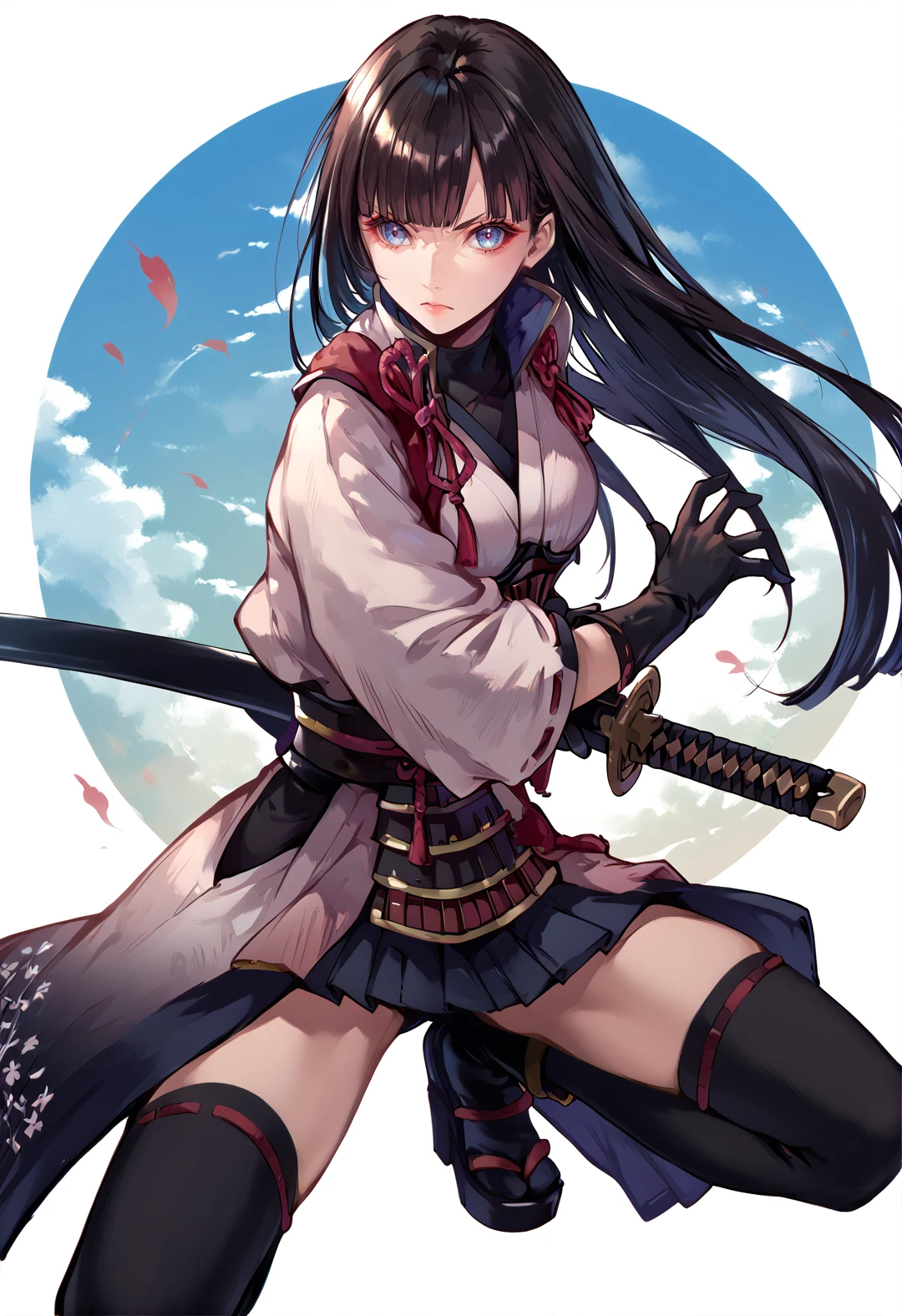 (score_9:0.9),score_8_up,score_7_up,anime style,rating_safe,(zPDXL),<lora:XB2 Patroka ponyXL v2:0.62>,black thighhighs,patroka_xb2,white japanese outfit,black gloves,1girl,solo,holding katana,<lora:battoujutsu_sword_stance:0.73>,battoujutsu sword stance,