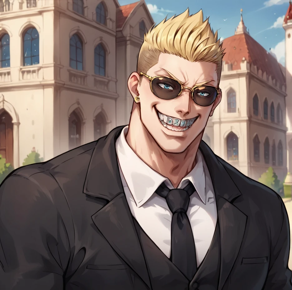 score_9, score_8_up, score_7_up, score_6_up, score_5_up, score_4_up,
dudleyka, male focus, 1boy, solo, muscular, blonde hair, sports car, rich, Mansion, outdoors, black suit, tie, sunglasses, grin, custom braces, gold watch, grin, 
 <lora:Adam_Dudley:0.7>