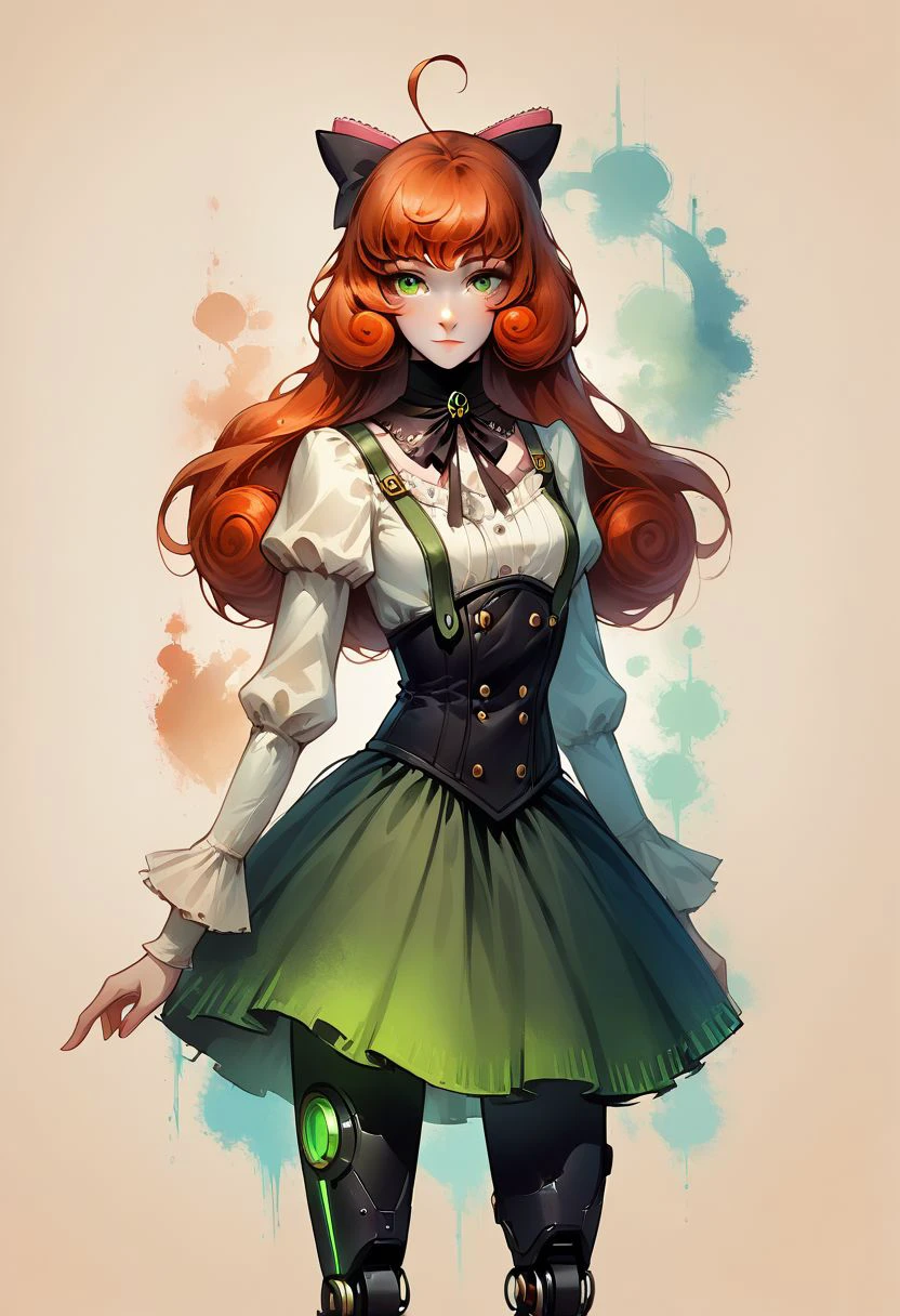 Faded Headshot, faded bottom, faded edges ,score_9,score_8_up,score_7_up,score_6_up,score_5_up,
1girl, Penny Polendina, \(RWBY\),(ultra HD quality details), green eyes, ginger hair,
long hair, 
neck ribbon, suspender skirt, corset, white blouse, long sleeves, mechanical legs, neon trim, black bow,
perfect anatomy, perfect face, abstract beauty, beautiful, centered, looking at the camera, approaching perfection, dynamic, moonlight, highly detailed, watercolor painting, artstation, concept art, smooth, sharp focus, illustration, 
small breasts,