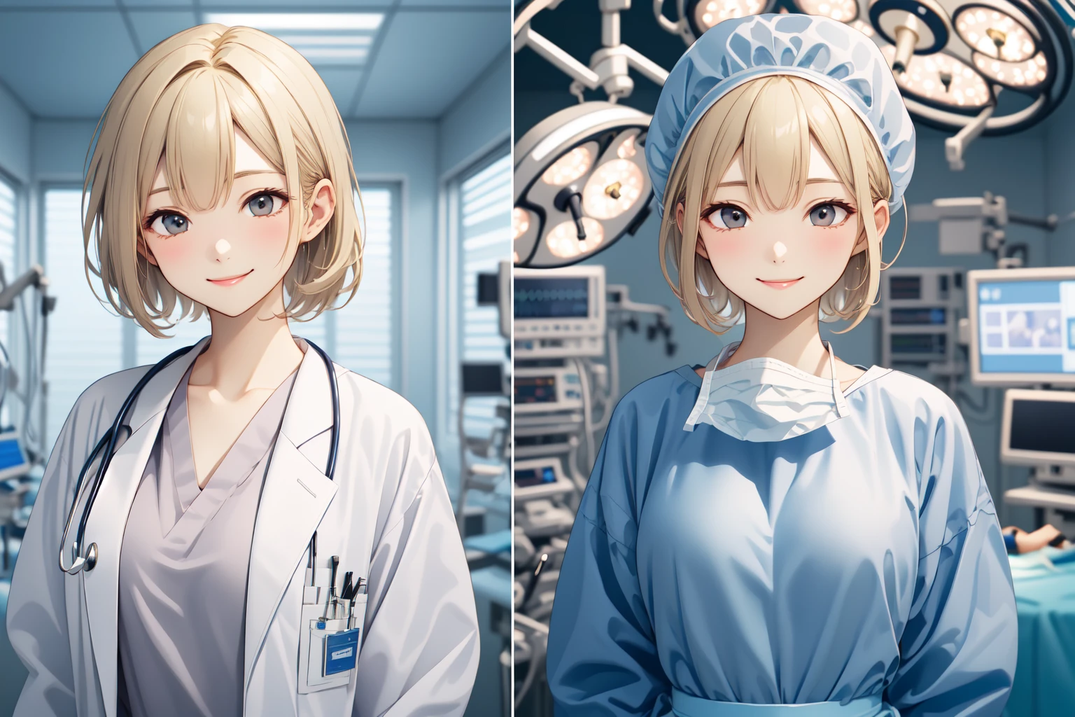 (RAW photo, best quality),  
 <lora:concept_doctor_two_panes_1_1:1> surgeon_two_panes, side by side,
smile, wink, blonde,