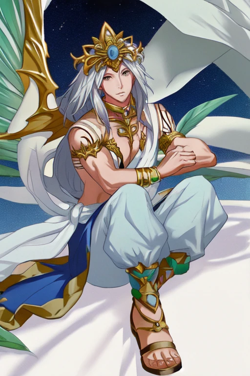 (masterpiece),(best_quality),sitting,muscular,1boy,Ususama,gold footwear,body tattoo,white floating shawl,hair ornament,gold neckwear,bare shoulders,bare pectorals,white sash,harem pants,crystal wings,<lora:Ususama:1>,