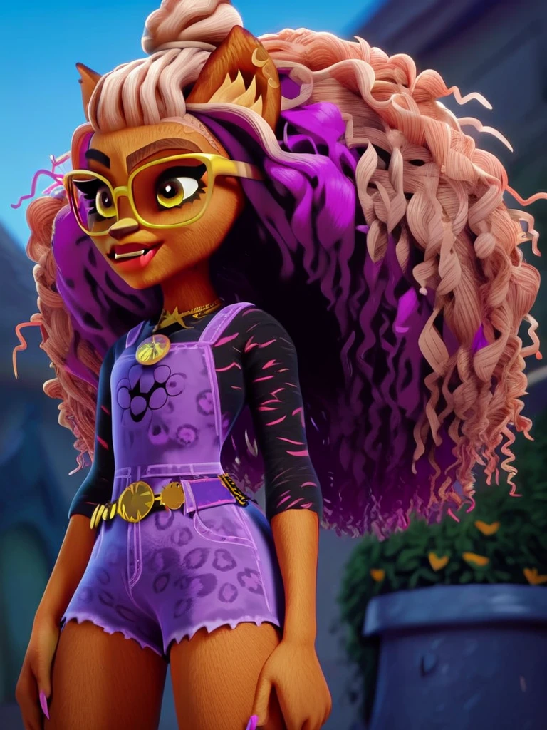 score_9, score_8_up, score_7_up, score_6_up, score_5_up, score_4_up, source_furry, Clawdeen_PonyXL, overalls, overall shorts, black shirt, body fur,  yellow-framed eyewear, <lora:Clawdeen-v1:1>