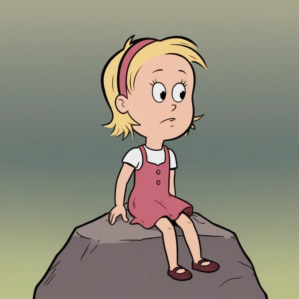 score_8_up, BREAK, SallyWalden,  1girl, solo, blonde hair, black eyes, headband, white shirt, pink dress,  <lora:SallyWalden_Leaf1:0.8>, sitting on rock