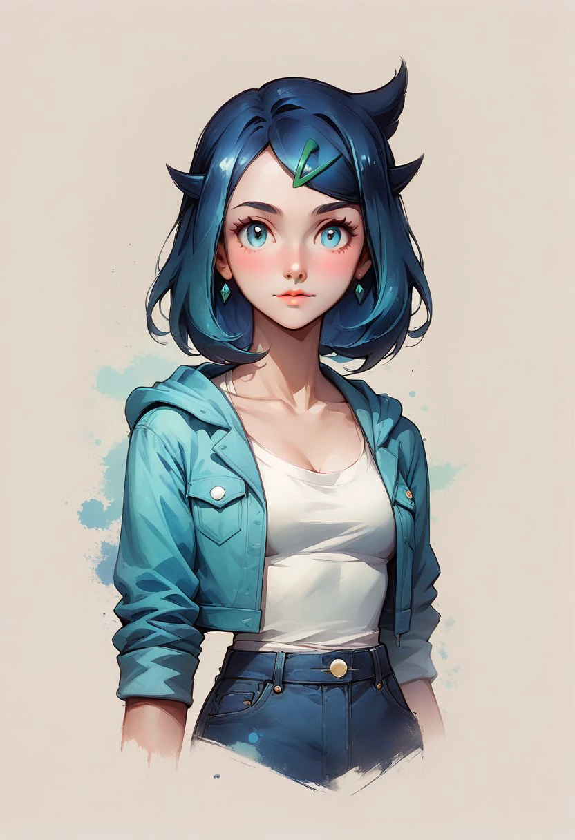 Faded Headshot, faded bottom, faded edges ,score_9,score_8_up,score_7_up,score_6_up,score_5_up,
1girl, Liko, \(Pokemon\)/,(ultra HD quality details), liko \(pokemon\), blue hair, hair clip,
white shirt, hooded jacket, open jacket, denim shorts,
perfect anatomy, perfect face, abstract beauty, beautiful, centered, looking at the camera, approaching perfection, dynamic, moonlight, highly detailed, watercolor painting, artstation, concept art, smooth, sharp focus, illustration, 
small breasts, deep cleavage,