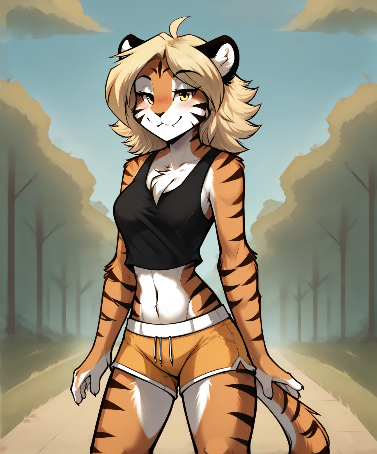 score_9, score_8_up, score_7_up,score_6_up,score_5_up, source_furry
BREAK
solo, furry female anthro, medium hair, medium breasts, (blushing, seductive, smug), tank top, midriff, gym shorts, (outdoors, park), upper body shot
<lora:Ivy-Twokinds-SDXL-AnonTK-V2-000023:1>, ivy-twokinds, keidran, mammal, tiger tail, yellow eyes