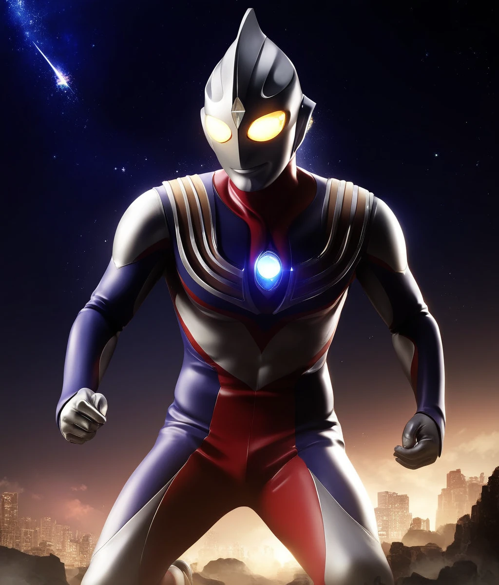 Score_9,score_8_up,score_7_up,score_6_up,score_5_up,score_4_up,source_anime,1boy,solo,no humans,yellow eyes,glowing_eye,mask,metal skin,colored skin,blue chest light,color timer,aliens,ultraman tiga,strong,masayoshi,giant,battle,tokusatsu,night,starry sky,<lora:Role_Ultraman_Tiga:0.9>,