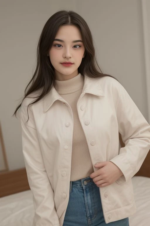 (Denim jacket), collar bone, perfect face shape, (perfect eyes, bright eyes, downing eyes, perfect eyes looking, downing eyes, brown eyes), {smirk|parted lips,teeth}), cleavage, (medium breast:1.2), looking at viewer, (shiny skin, pale skin, clear skin), {{short hair : 1.2, brown hair}}, ((apartment,simple background)), (make up, blush), (dinamic pose, profesional model pose, {naughty pose}, {suggestive pose}), (fullbody shoot), {dynamic view, dynamic angle}, expose ass