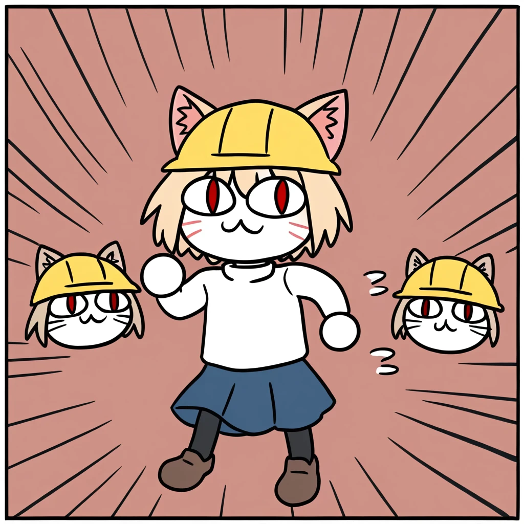 <lora:Genbaneko_Pony-000120:0.4>, best quality, white border,
@_@, motion lines, looking away,
genbaneko style, (white cat ear hat:1.2), white hard hat, cat meme,multi cat,
1girl,  <lora:necoarc-guy-PONYv1_1:1> 1girl, necoarc, blonde hair, red eyes, slit pupils, cat ears, :3, chibi, turtleneck, white shirt, blue skirt, pleated skirt, pantyhose, brown footwear