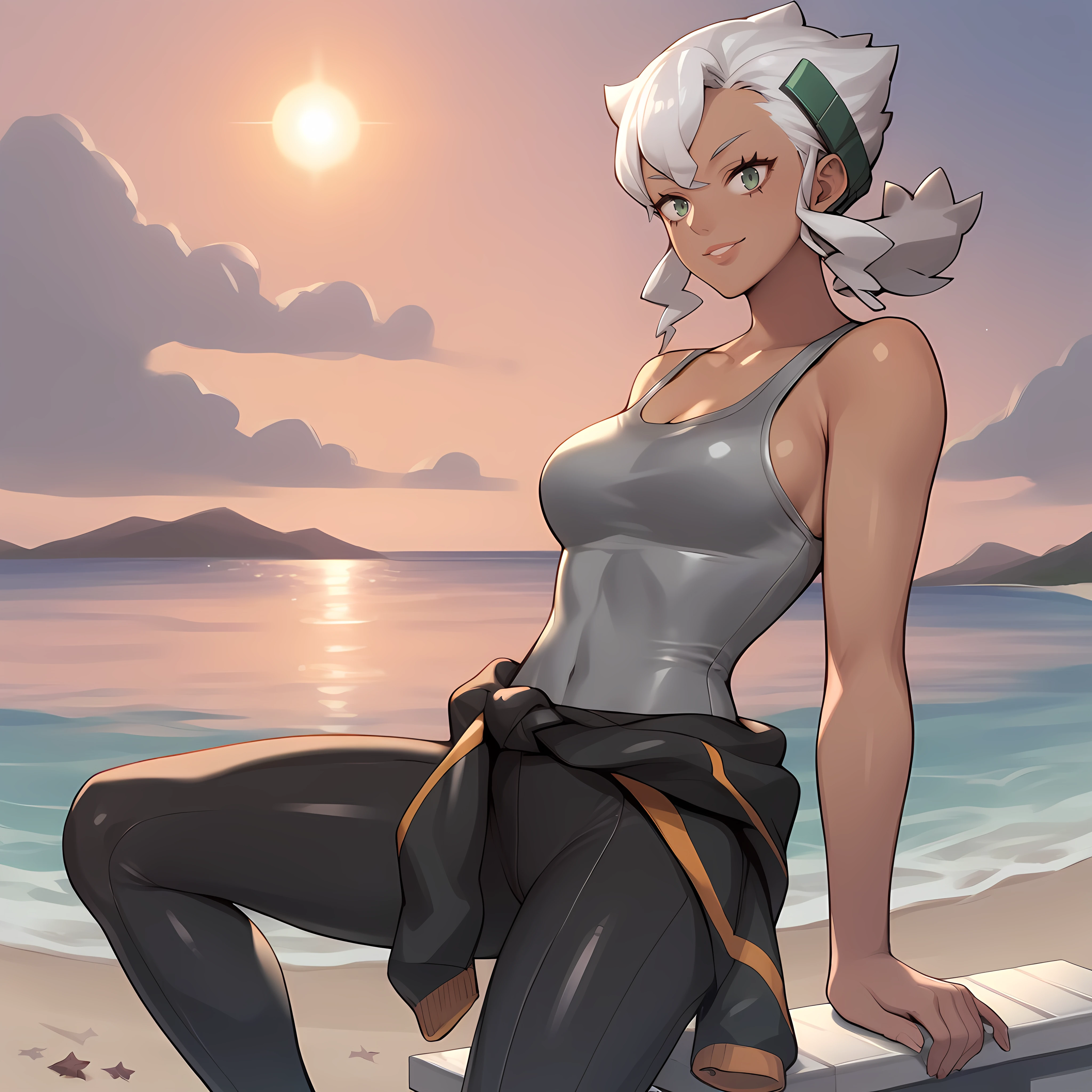 score_9,score_8_up,score_7_up,score_6_up,source_anime,rating_questionable, <lora:Professor_Burnet_-_Pokemon_SM:0.8> ProfBurnet_SM, Dark-Skinned Woman, Grey Singlet, Wetsuit leggings, Beach, sunset, tied wetsuit around waist, zPDXL2,