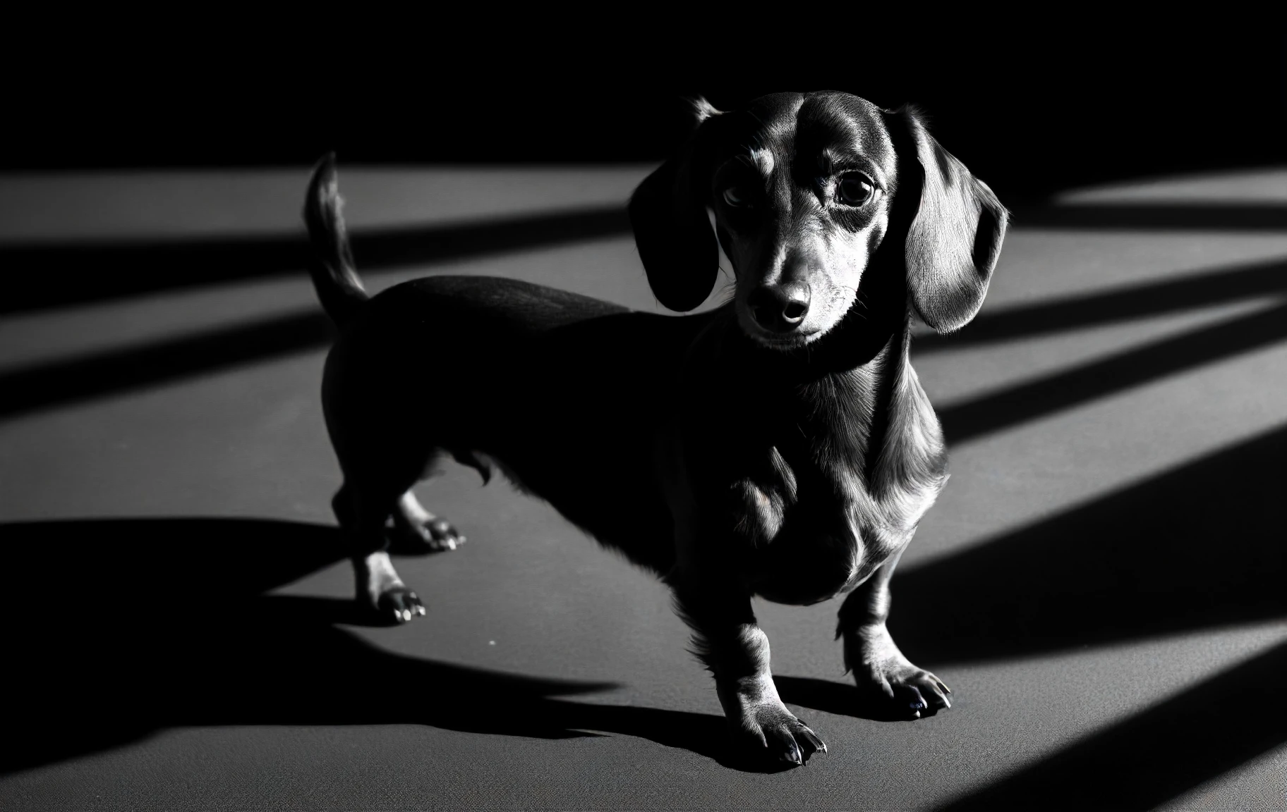 greyscale, natural photography of a dachshund, cinematic, detailed shadow, black background, <lora:casting shadow style v2:0.5> casting shadow style,