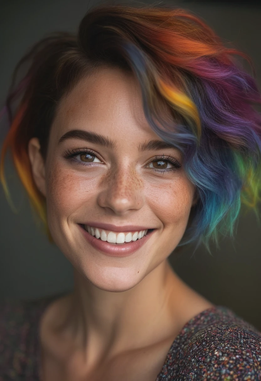 beautiful lady, (freckles), big smile, brown hazel eyes, Short hair, rainbow color hair, dark makeup, hyperdetailed photography, soft light, head and shoulders portrait, cover