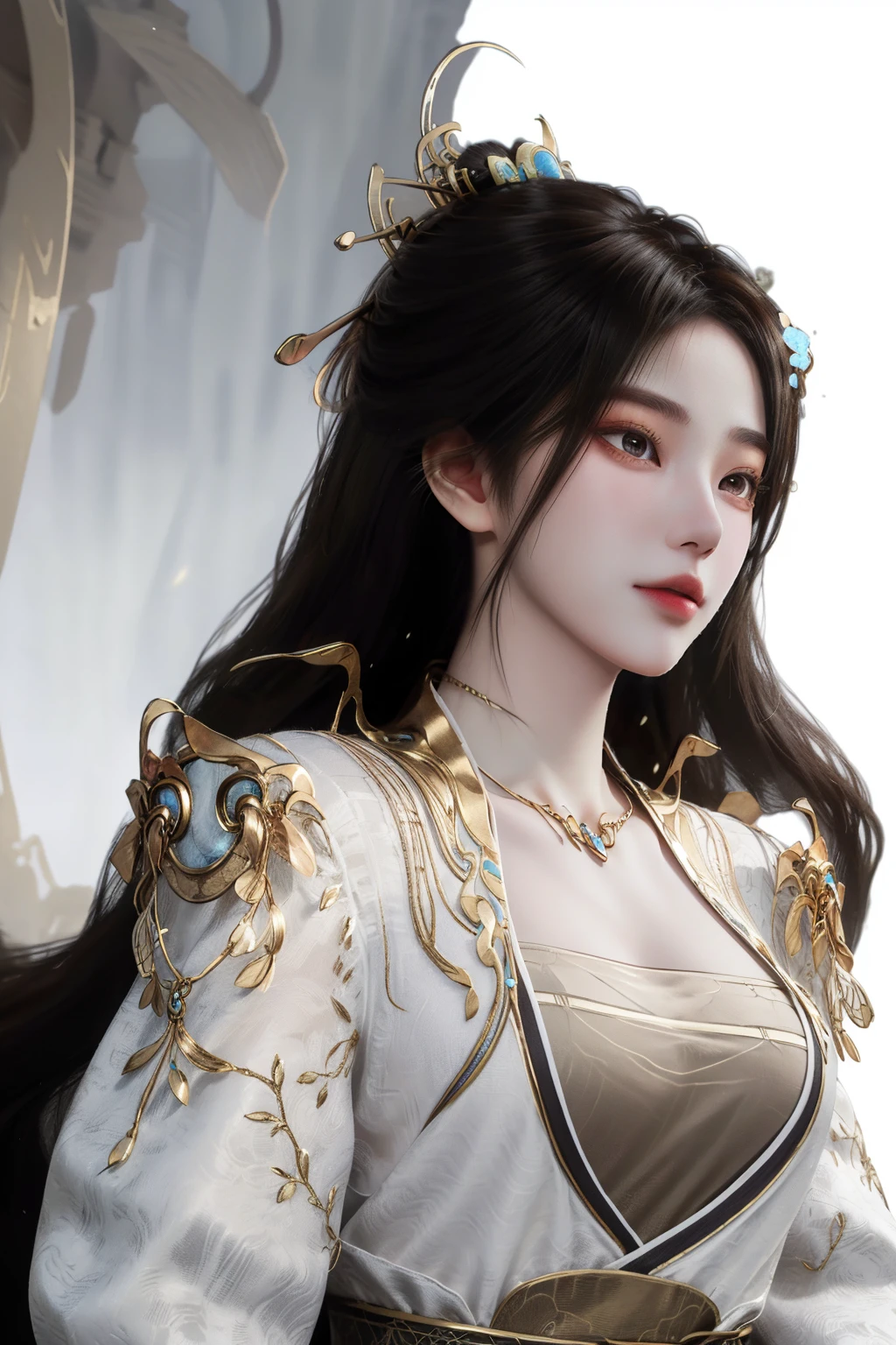 <lora:yaoxi:1>,yaoxi,1girl,solo,long hair,white background,jewelry,brown hair,necklace,dress,hair ornament,(simple background:1.6),upper body,realistic,parted lips,chinese clothes,long sleeves,<lora:give it a name:0.6>,