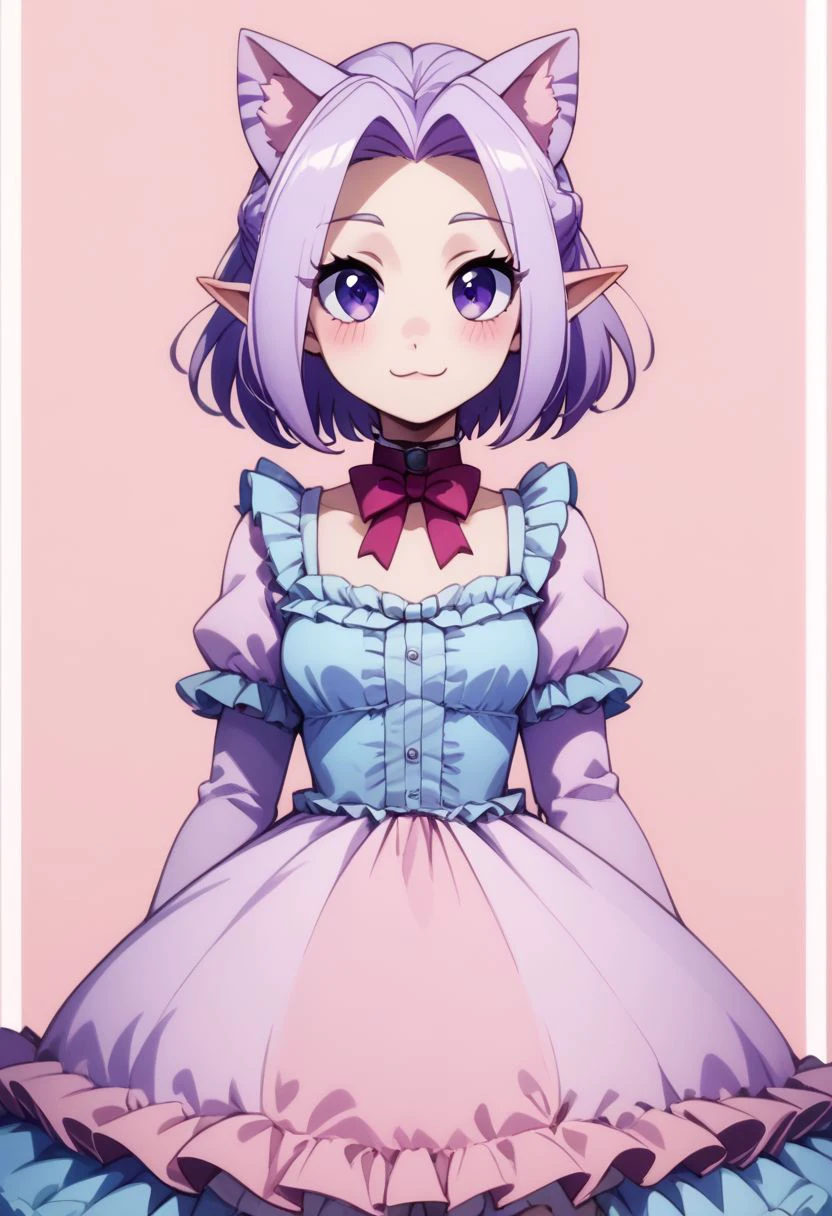 score_9, score_8_up, score_8, medium breasts, (curvy), cute, eyelashes,     
BREAK,
zzLilac, pointy ears, animal ears, purple hair, cat ears, short hair, purple eyes, extra ears,
BREAK,
 closed mouth, alternate costume, smile, looking at viewer, blush, 
zzLFashion, frilled dress, frills, bow, dress, striped thighhighs, sweetL, 
zPDXL,