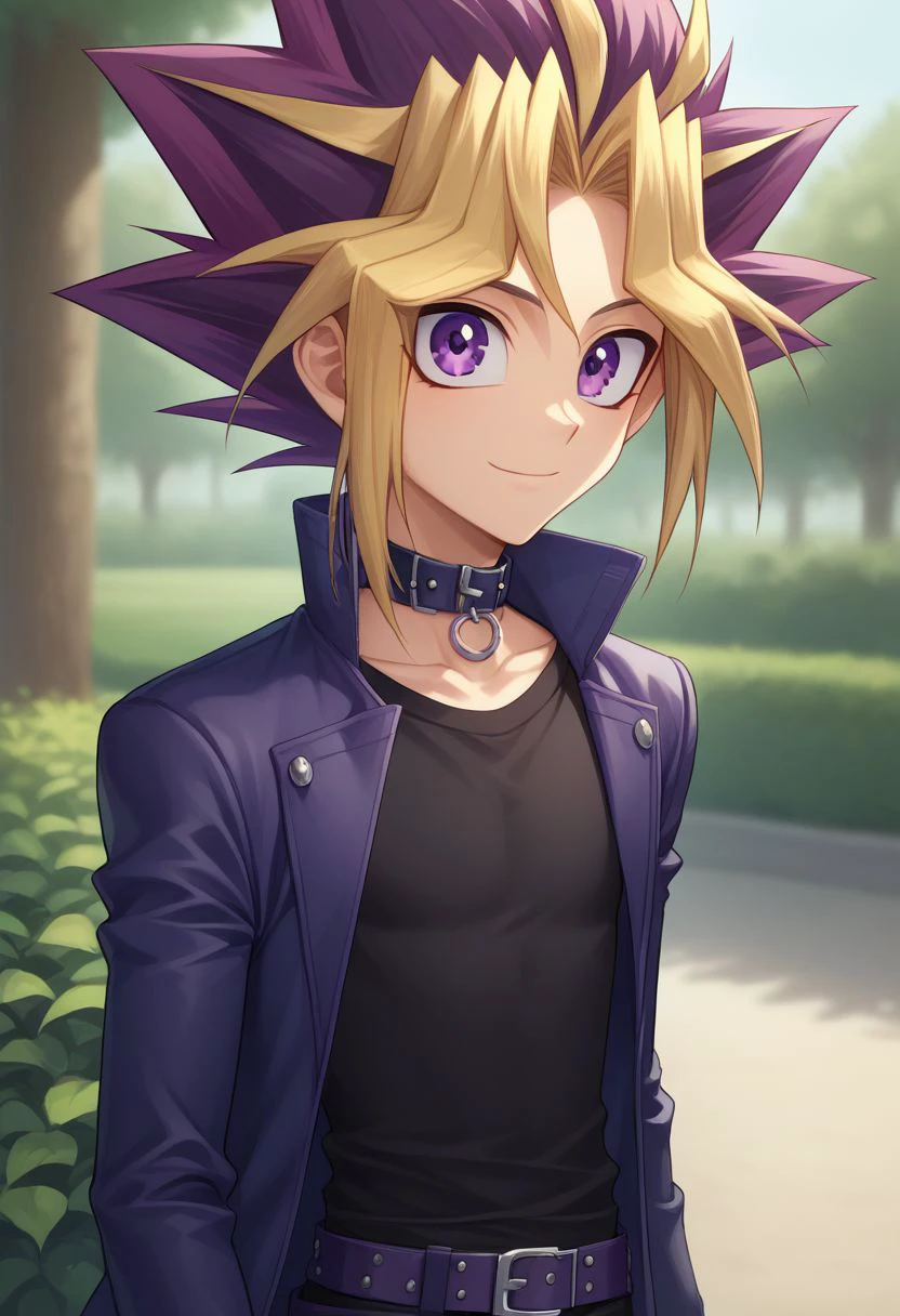 score_9, score_8_up, source_anime, highly detailed, 
yugi, 1boy, skinny, cute, male focus, solo, dyed bangs, smile, purple eyes, blonde hair, spiked hair, bangs, shirt, collar, multicolored hair, jacket, black shirt, purple hair, 
outdoor,