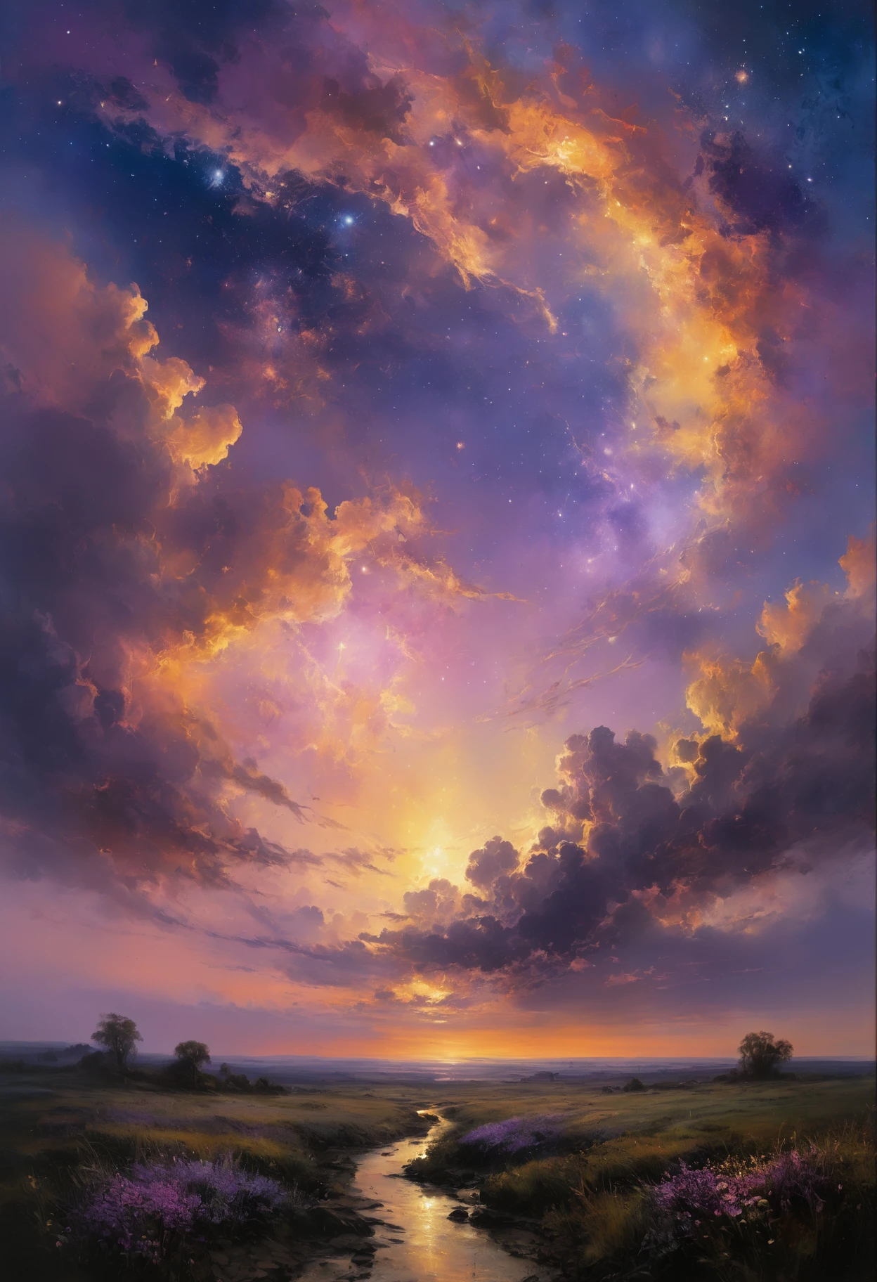 famous artwork by (maurice sapiro:1.4), beautiful painting of the ethereal landscapes in the mysterious twilight light, the whisper of forgotten memories breaking the silent silence, lonely stars in the velvet sky, unbearable sadness and bitter joy, longing for the past in lilac shades. High resolution details, ultra detailed, 8k, uhd, studio photo quality, OverallDetailXL, <lora:Detailed_notrigger:1> <lora:SDXLFaeTastic2400:0.4>