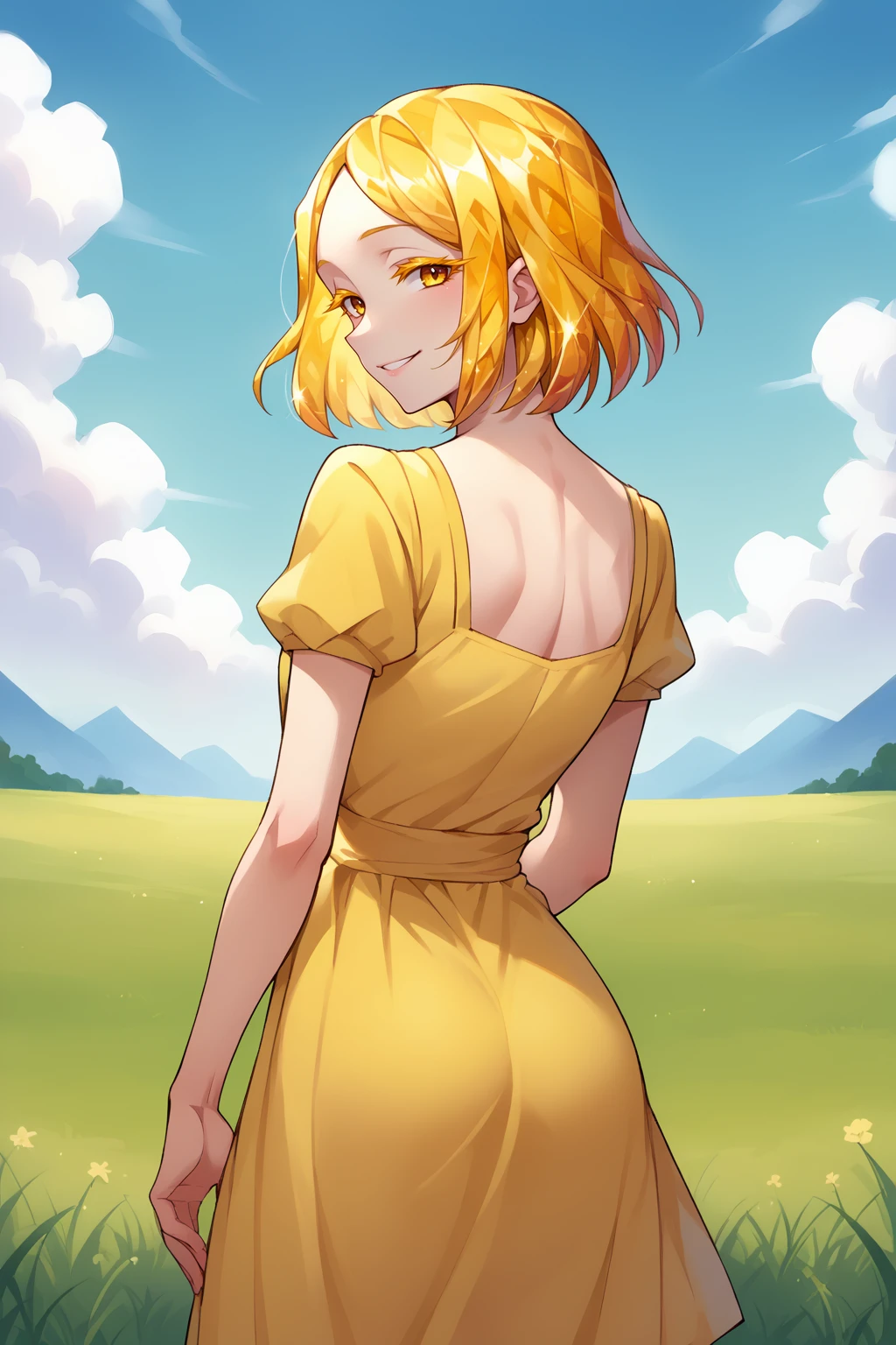 score_9, score_8_up, score_7_up, source_anime, from behind, cowboy shot, looking at viewer, smile, hskylw, medium hair, crystal hair, colored eyelashes, white skin, yellow sundress, outdoors, grass, <lora:Hoseki_HousekiNoKuni_YellowDiamond_PDXL_v1:1>