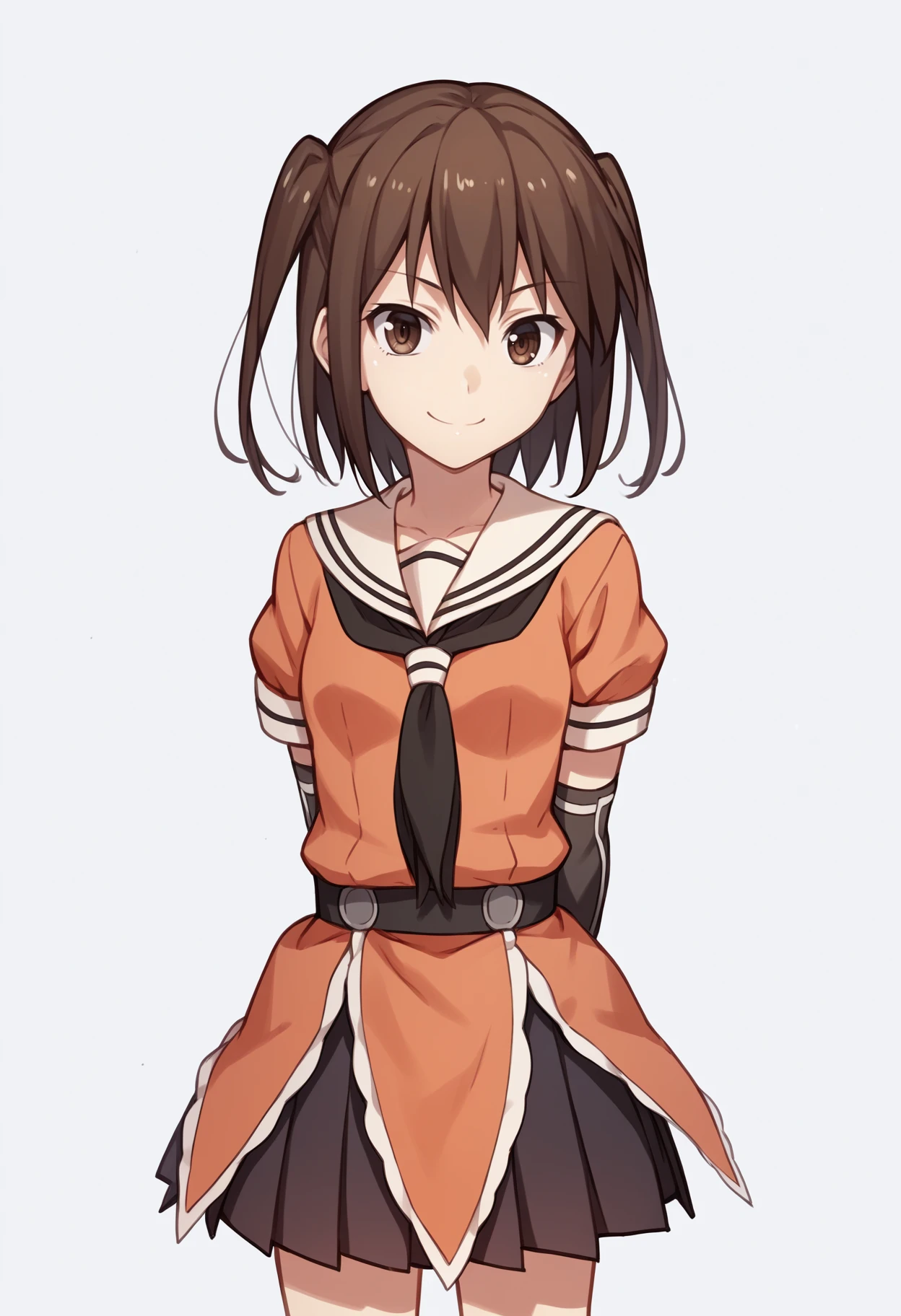 score_9, score_8_up, score_7_up, score_6_up, score_5_up, score_4_up, BREAK, source_anime,
1girl, sendai \(kancolle\), bangs, brown eyes, brown hair, two side up, short hair,
neckerchief, elbow gloves, loafers, pleated skirt, sailor collar, school uniform, serafuku,
arms behind back, smile, looking at viewer, solo, simple background, white background    <lora:SendaiXL:1>