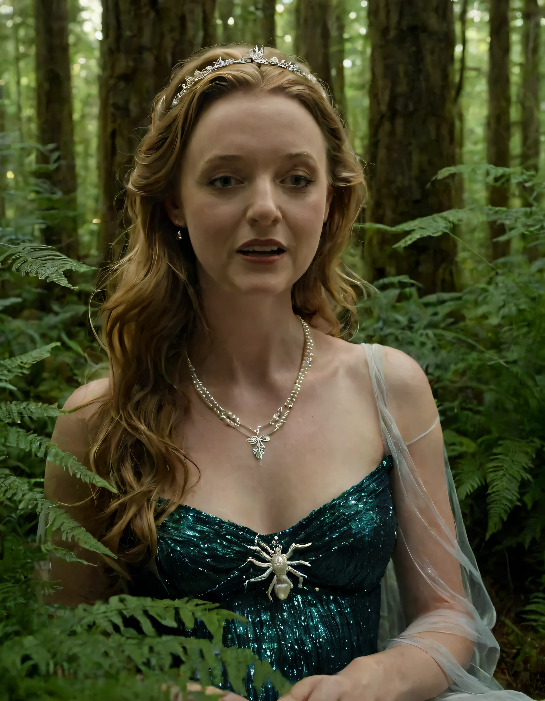 In the heart of an enchanted forest, amidst ancient trees adorned with delicate ivory-colored moss, Harriet Slater stands captivatingly still, her midnight-blue gown shimmering and shifting like liquid silk in the soft, golden hue of dappled sunbeams filtering through the canopy above. A silver spiders' web necklace glistens upon her, its intricate pattern of threads and beads catching the light and casting a myriad of tiny, shimmering reflections across her alabaster skin. Her eyes, a deep emerald green, are framed by long dark lashes that flutter slightly as she gazes out at the forest around her, lost in thought or perhaps contemplating the beauty and mystery of this enchanted place. A delicate silver dagger rests in one hand, its blade gleaming menacingly in the twilight, while the other gently grasps the stem of a fragile white flower plucked from among the ferns and wildflowers that carpet the forest floor. Harriet's hair cascades in loose waves to her waist, each strand glistening with the same golden light that dances upon the forest floor beneath her feet. A silver diadem adorned with pearls and a sprinkling of moonstones rests atop her head, its shimmering brilliance echoed in the soft curves of her lips, which are curved into a slight smile that seems to hold a thousand secrets. The camera angles from below, capturing her from a slightly elevated position that emphasizes both her beauty and her mysterious aura, as if she were a queen surveying her kingdom from atop a throne. The background is filled with the vibrant greens of the forest, the sunlight filtering through the trees casting dappled shadows upon her form, while the air around her seems to shimmer with an otherworldly energy that speaks of magic and mystery. <lora:wtqwyo18ff2c060f5va:1>