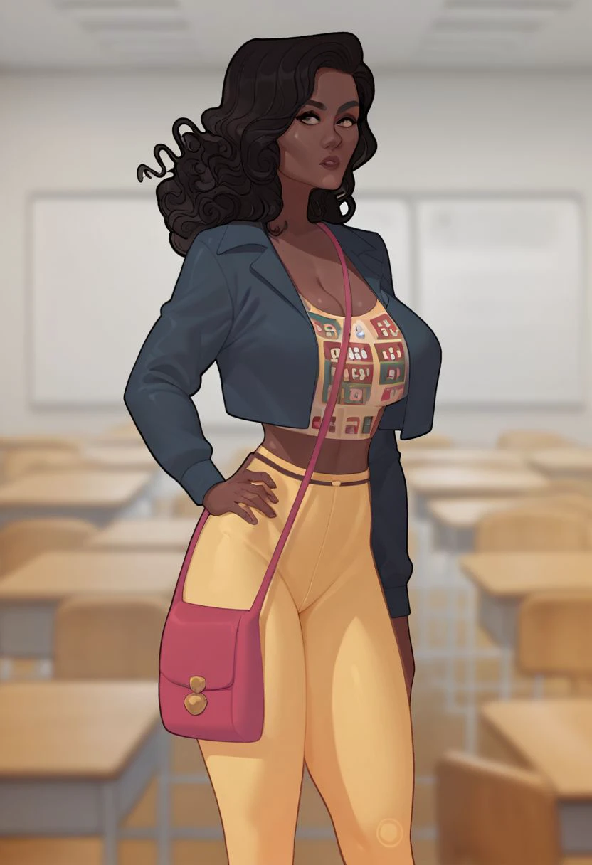 Score_9_up, score_8_up, score_7_up, 1girl, oliviasn, solo, dark skin, crop top, jacket, cleavage, black hair, purse, hands on hip, classroom, Expressiveh