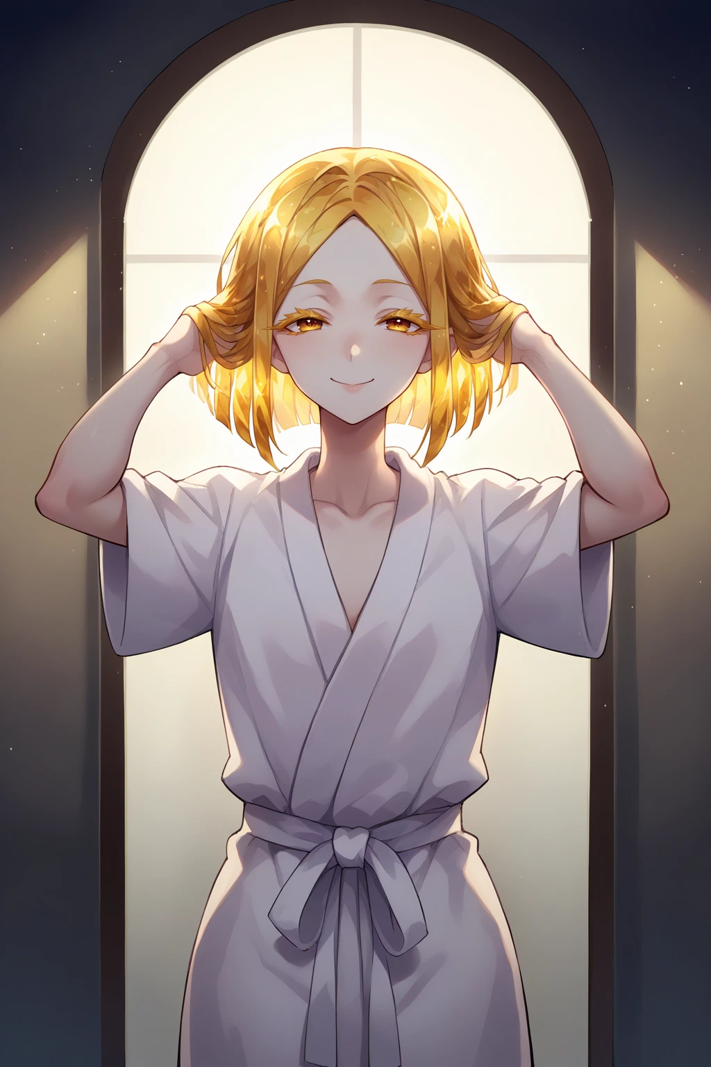 score_9, score_8_up, score_7_up, source_anime, cowboy shot, looking at viewer, smile, hskylw, medium hair, crystal hair, colored eyelashes, white skin, white bathrobe, hands in hair, indoors, night, dark room, concrete, <lora:Hoseki_HousekiNoKuni_YellowDiamond_PDXL_v1:1>