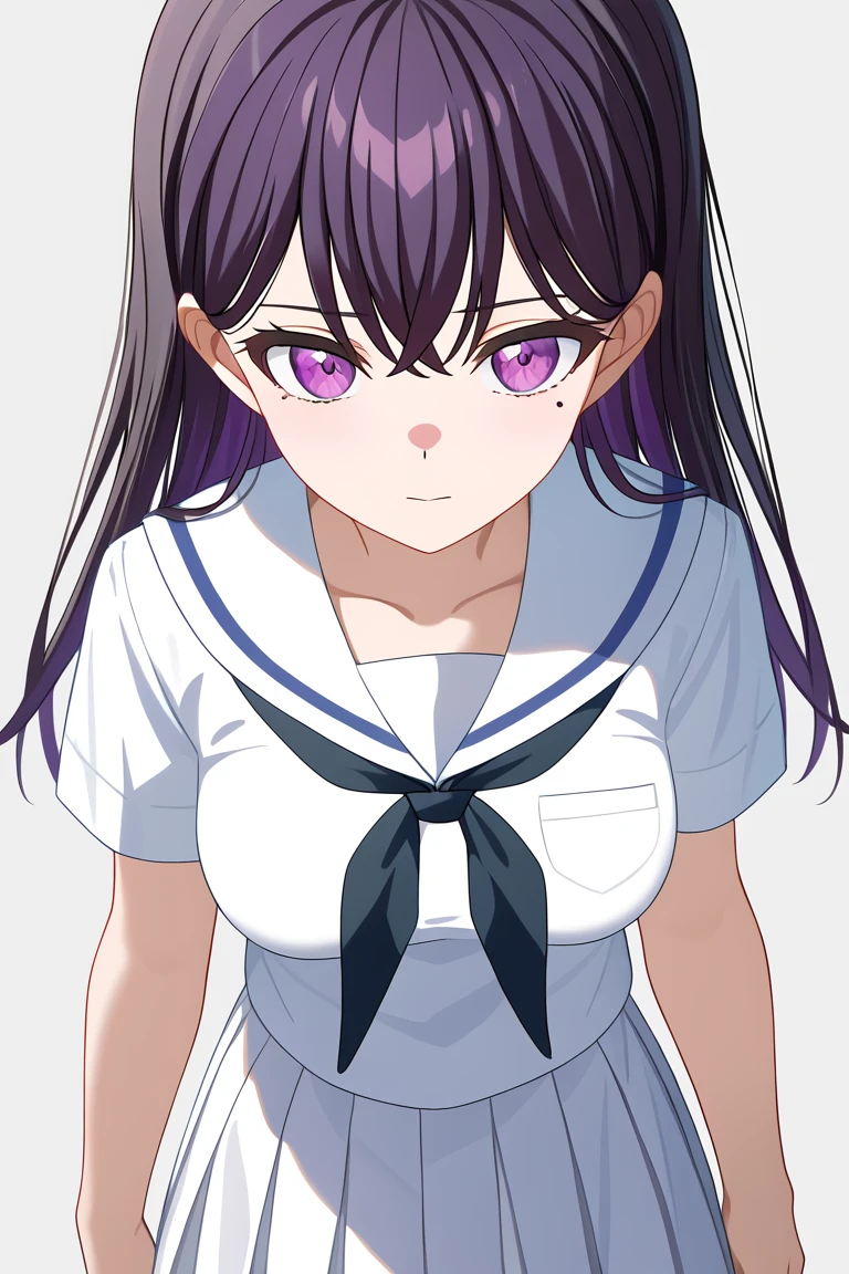 <lora:Shiina_Taki_PonyXL:1>, shiina taki, 1girl, solo, long black hair, mole, mole under eye, purple eyes, serafuku, white shirt, white skirt, neckerchief, simple grey background, aged up, medium breasts,, best quality, masterpiece, highres,