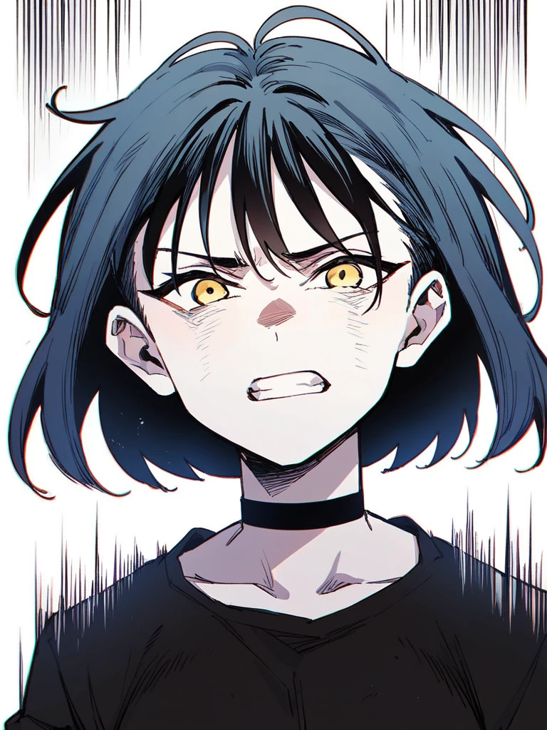 score_9, score_8_up, score_7_up, 
1girl, rosewood fox ludika, pale skin, yellow eyes, medium hair, black hair, bangs, 
looking at viewer, frown, serious, glare, emphasis lines, clenched teeth, upper body, black choker, black t-shirt, long sleeves,
