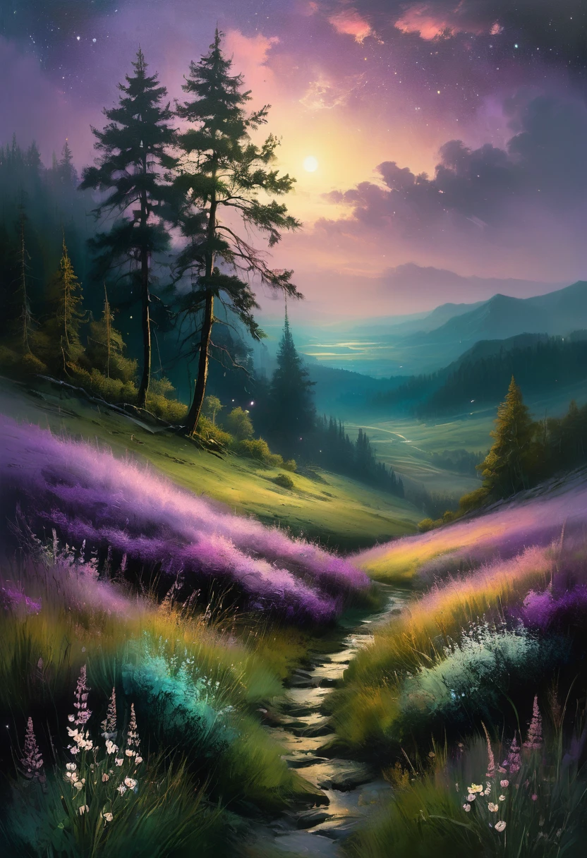 famous artwork by (maurice sapiro:1.4), beautiful painting of the a forgotten valley in a mysterious twilight light, lonely stars in the velvet sky, unbearable sadness and bitter joy, longing for the past in lilac shades, meadows and grasses, greenish spruce trees. High resolution details, ultra detailed, 8k, uhd, studio photo quality, OverallDetailXL, <lora:Detailed_notrigger:1> <lora:SDXLFaeTastic2400:0.5>
