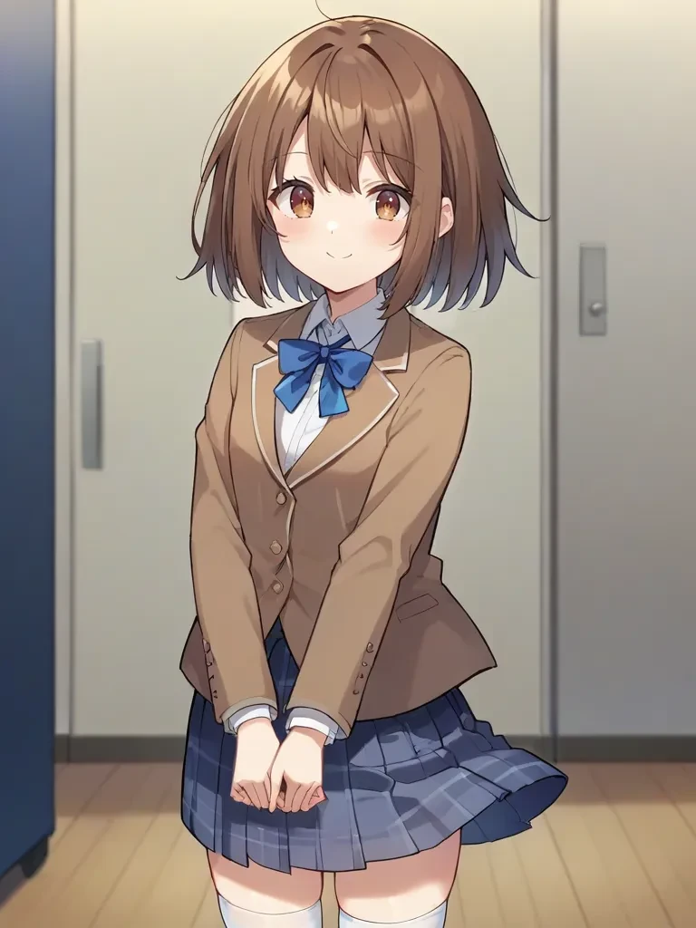 rating_safe, score_9, score_8_up, score_7_up, source_anime, <lora:mahoushoujoprismshirleyponyB:1>,
1girl, solo, saoriprismshirley, brown hair, short hair, brown eyes, brown blazer, white shirt, blue neck ribbon, long sleeves, grey plaid skirt, school uniform, white thighhighs, standing, smile, v-arms, indoors, room