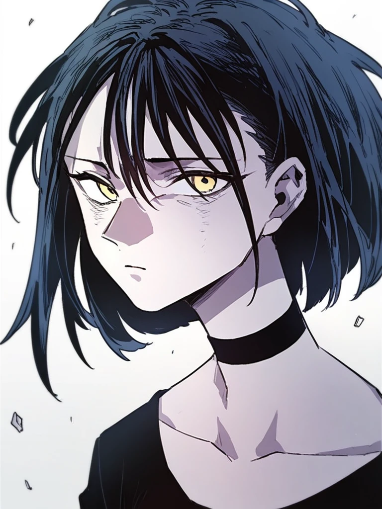 score_9, score_8_up, score_7_up, 
1girl, rosewood fox ludika, pale skin, yellow eyes, medium hair, black hair, bangs, 
black choker, black t-shirt, long sleeves, collarbone, looking at viewer, frown, upper body, 