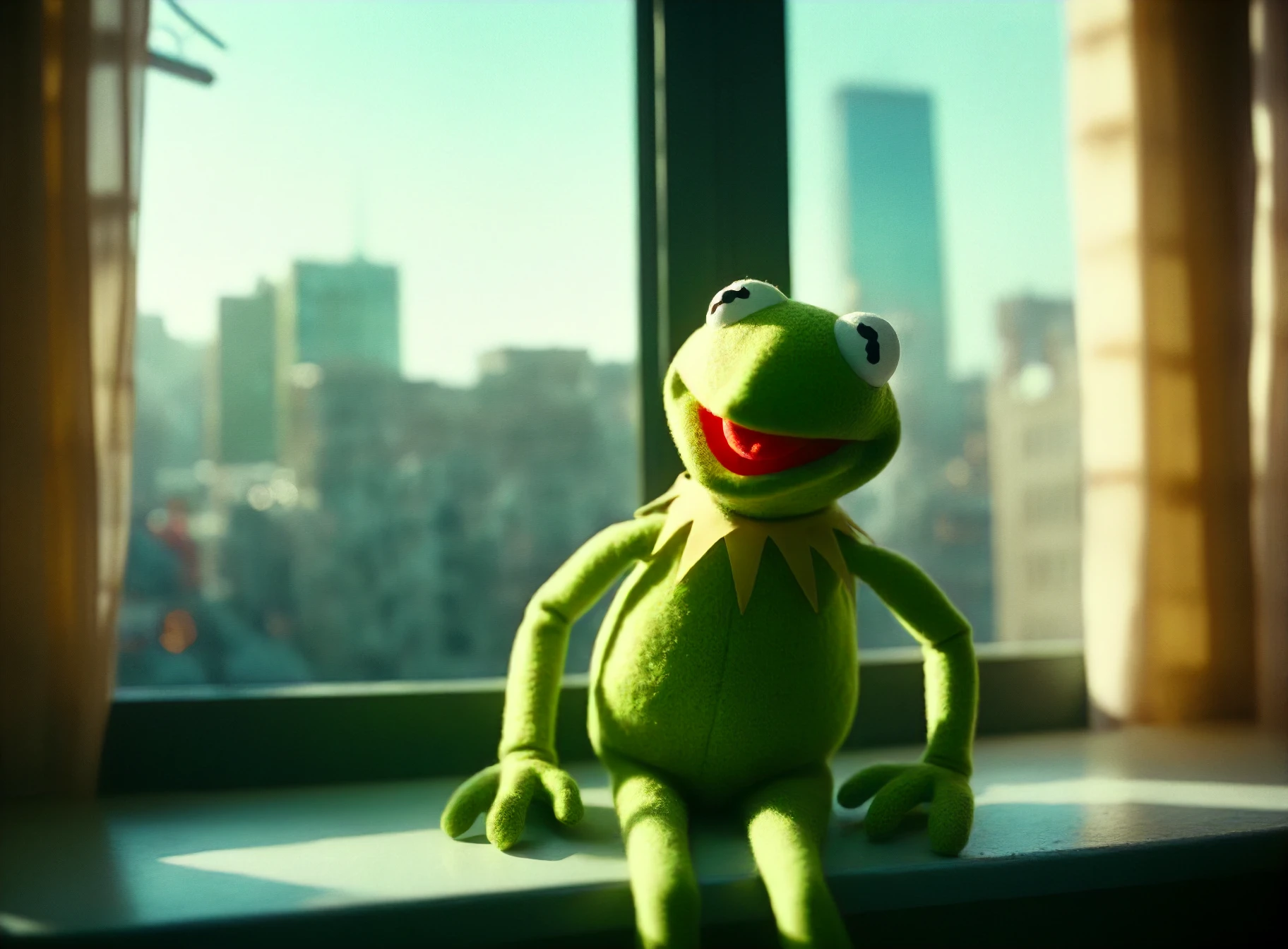 indoors, kermit placed by the window, cityscape, depth of field, film grain, light particles, casting shadow style, cucoloris patterned illumination
<lora:casting shadow style v2:1>