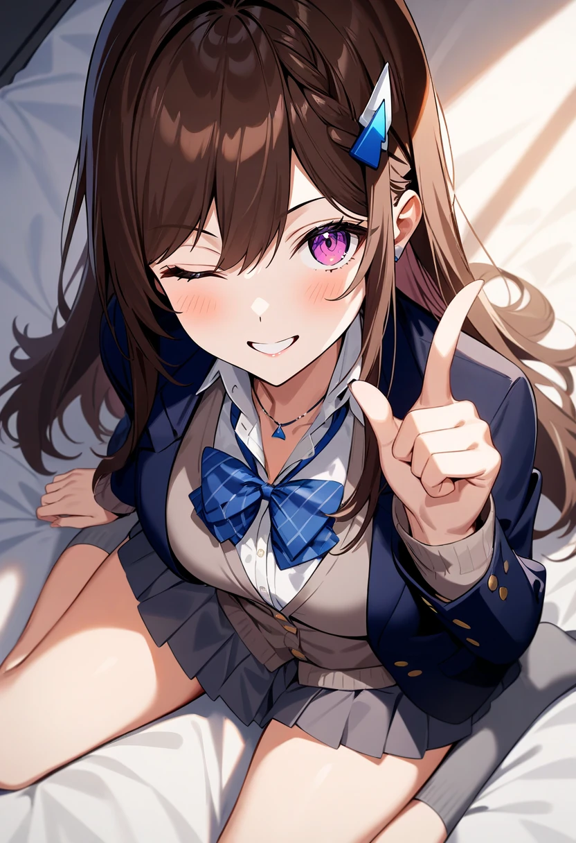 Cocoa-outfit1,bedroom,dark,shade,on bed,jacket,1girl,shadow,
grey socks,smile,one eye closed,wariza,full body,pov,close-up,from above,
<lora:cocoaV6-000016:1>,looking at viewer,index finger raised,arm arm support,, masterpiece,best quality,very aesthetic,absurdres,incredibly absurdres,,<lora:add_detail:1>,cinematic light,