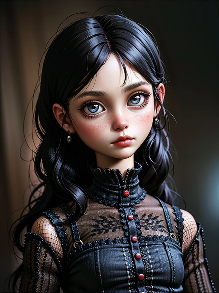 <lora:20240608-1717831942030:0.4> ,Young dwarven girl wearing light plate armor, strong build, optimistic expression, brave leader, slightly reckless demeanor, full body shot in a fantasy setting. Styled as a Goth Blythe doll with a headband featuring a tiny top hat to the side, a red glittery heart around one eye, and a glittery black spade around the other eye. Big, realistic eyes with an intricate maximalism design, highly detailed and high definition, set against a dark background, in the distinctive Blythe doll style.