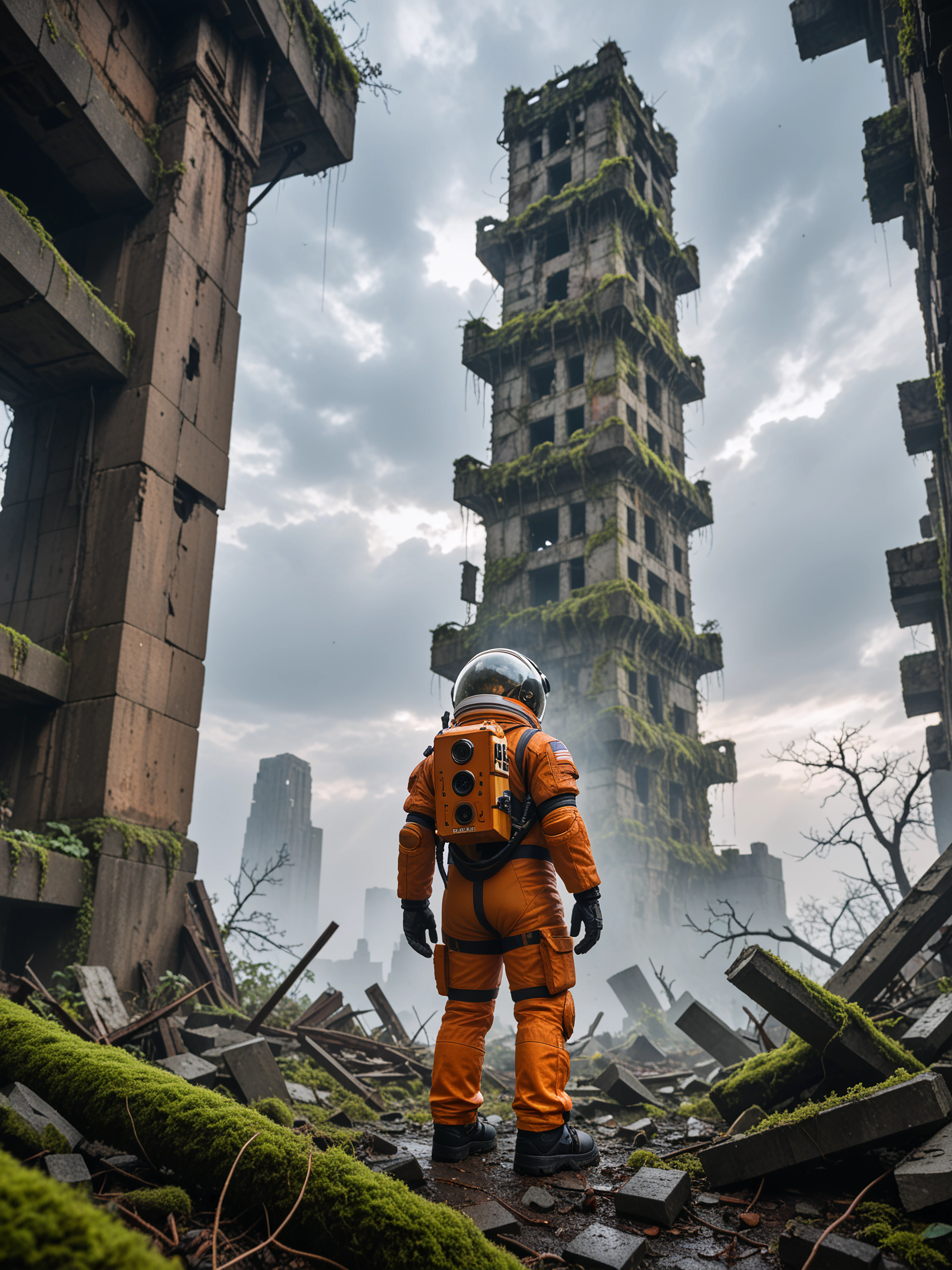 score_9, score_8_up, score_7_up
gigantic city ruins tower into the sky, moss and creepers grow in the cracks. highly detailed astronaut in a orange space suit surveys the ruins, rain, mist and fog, dark forbidding sky, sunlight filters through the clouds