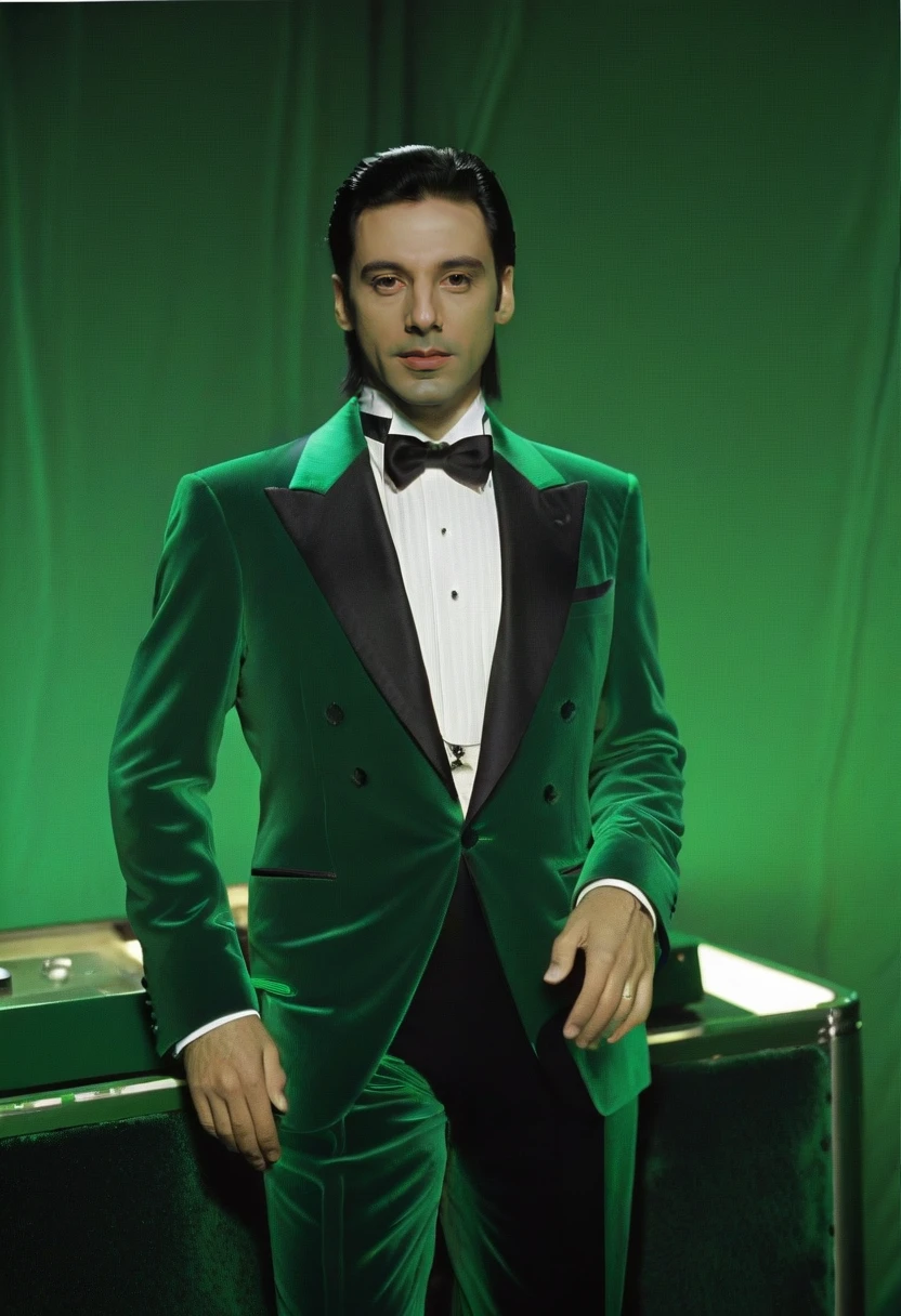 <lora:TechnicolorHeaven:0.8> techniheav, a man, green velvet tuxedo, slick black hair, classic, glamour, green hue, glow, film still,