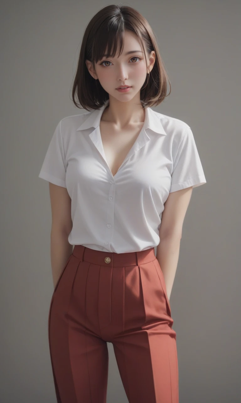 score_9, score_8_up, score_7_up, 1girl, Blouses, Pleated Pants, Pumps, Red Underwear, open arms for viewerï¼ãã¡ãã«åãã¦è
ãåºãããæ±ã£ããã¦ããã¼ãº, afterglow, _Lighting_, heart shape particle