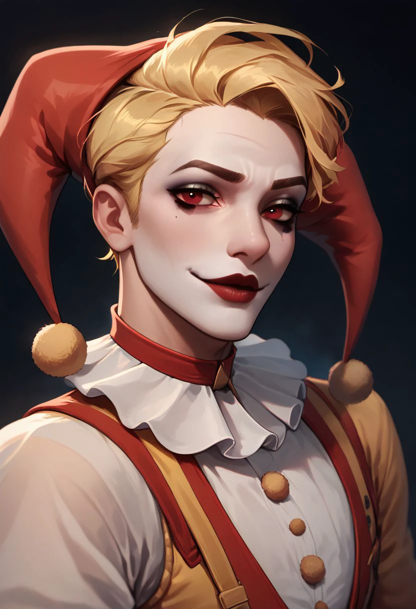 (((beautiful, high quality))), upper Body, score_9, score_8_up, score_7_up, 
looking at the viewer, posing, 
Clown, Clown makeup, clown costume, colorful clown costume, jester's hat, red clown nose, 1boy, male focus, blonde hair, red eyes,
dark background, blurred background,