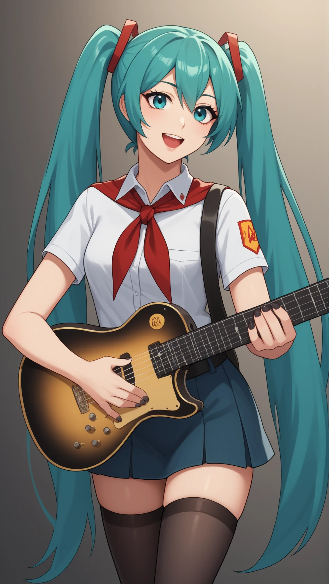 score_9, score_8_up, score_7_up, BREAK source_anime, best quality, masterpiece, ultra detailed,
<lora:Everlasting_Summer_Miku_by_GraffMetal:0.7>, miku, aqua hair, aqua eyes, twintails, long hair, very long hair, 1girl, solo,
black eyeliner cat eye, piink lips, black short nails,
electric guitar, guitar, holding instrument, instrument, music, open mouth, playing instrument, plectrum, shirt, smile, thighhighs, skirt, belt, red neckerchief, microphone,