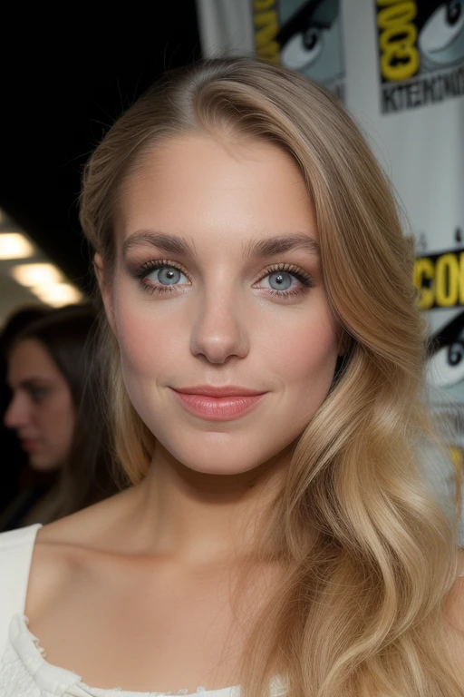 candid portrait of a beautiful woman, photo, stunning face, at the comic con convention, crowded, people in the background, 8k uhd