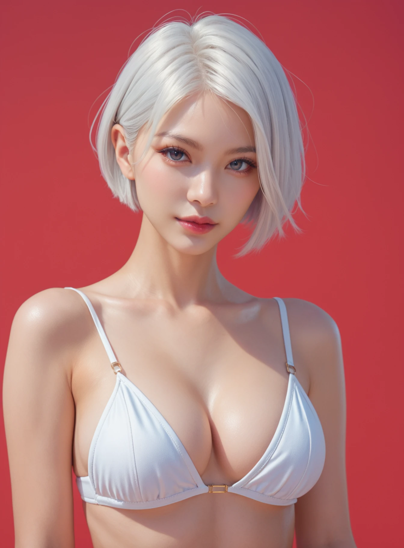 ,score_9,score_8_up,score_7_up, 20 years old, 8k, hd, beautiful girl, black hair, short hair, white hair,
1girl, detailed face, beautiful woman's face, bikini, bra, red background, looking at viewer,