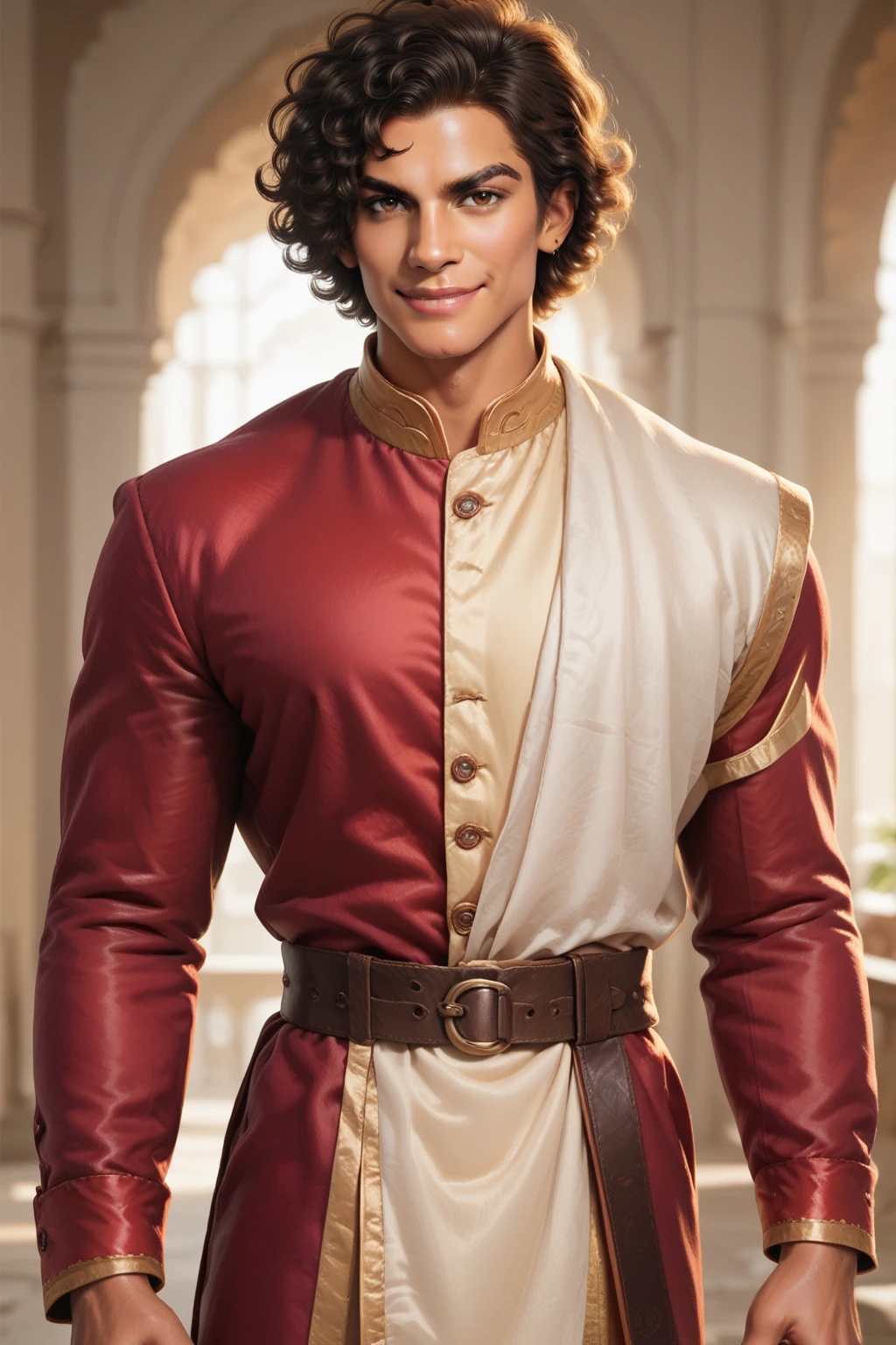 score_9,score_8_up,score_7_up male, brown curly hair, brown eyes, dark skin, muscular, clothes in red indian male costume, smirk  <lora:Doran pony:0.8> doran