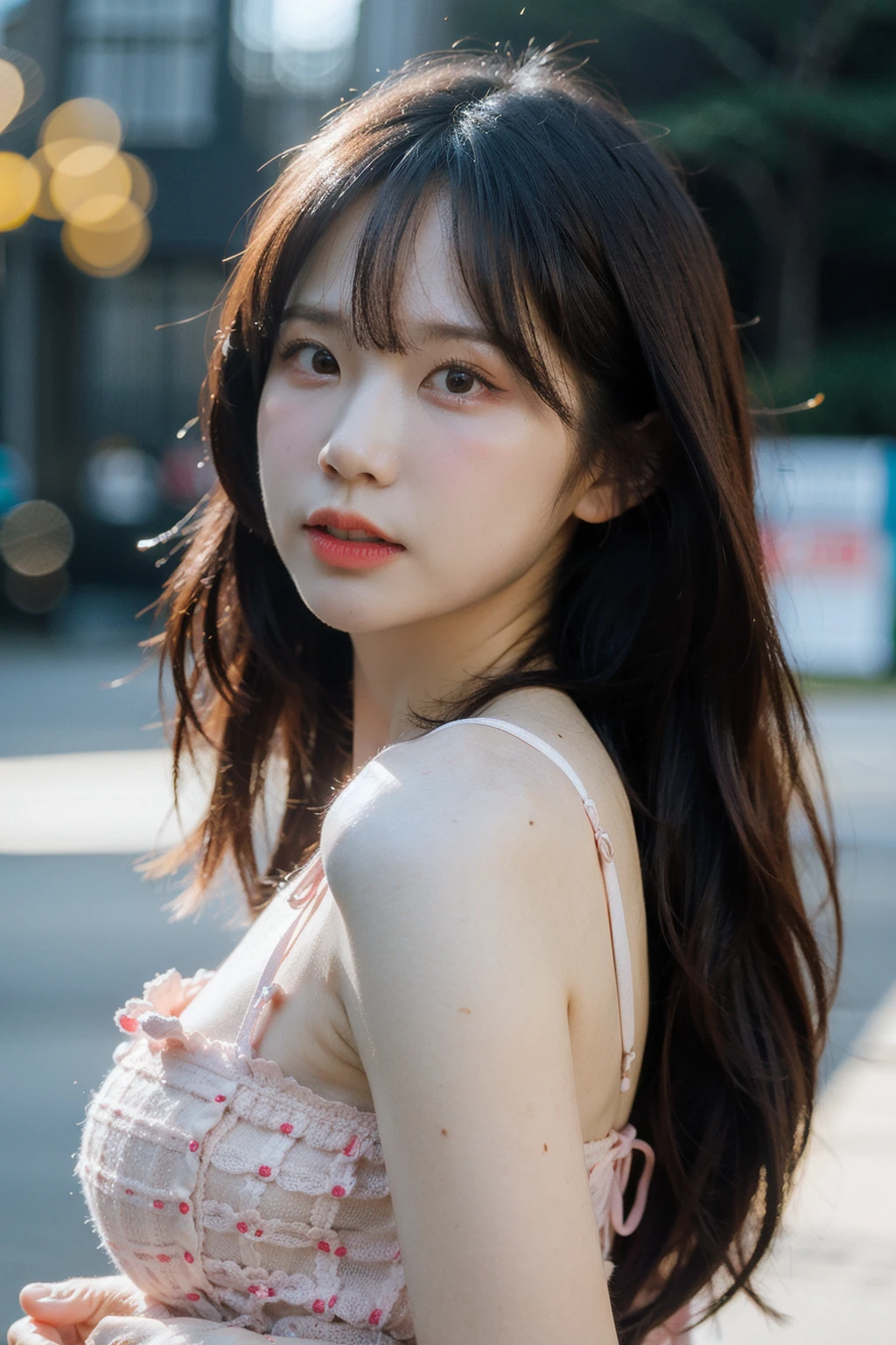 Best quality, masterpiece, ultra high res, (photorealistic), raw photo,1girl, skinny, upper body,solo, realistic, looking at viewer, long hair, bokeh background, city streets,brown eyes, bohemian dress, <lora:makina69_woojunging_v2.0:1>