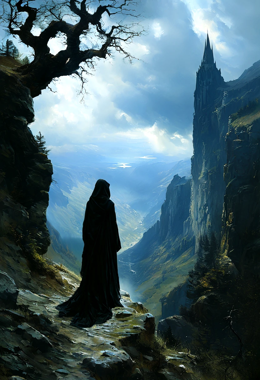 (Interlaken: 1.1) depicts a woman standing on the edge of a cliff, looking down into a deep and dark chasm. She is dressed in black and wears a hooded cloak that obscures her face. The landscape around her is bleak and wretched, with twisted trees and jagged rocks that seem to reach out and grab at her as she stands. In the distance, there are dark clouds gathering on the horizon, hinting at an impending storm.