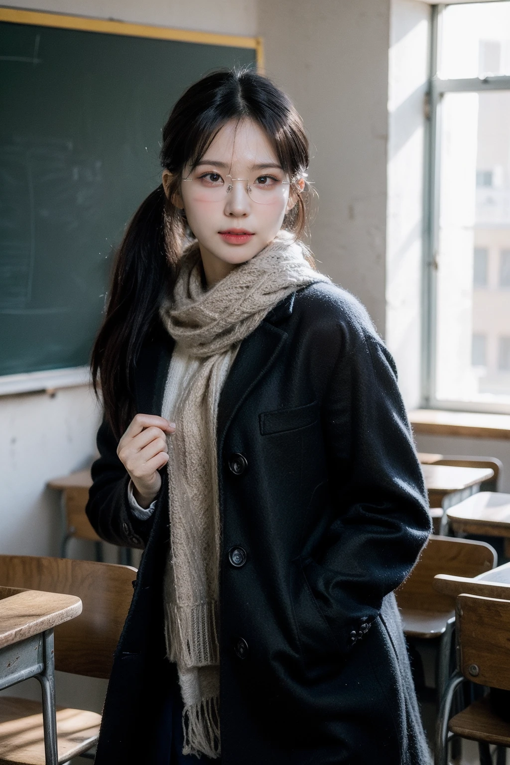 (realistic), (hyperrealism),best quality, masterpiece,ultra high res, (photorealistic:1.4),1girl,skinny,(looking at viewer:1.5), <lora:add_detail:0.6>, black hair, low ponytail, glasses, school, classroom, <lora:makina69_woojunging_v2.0:1>, coat, scarf, cowboy shoot