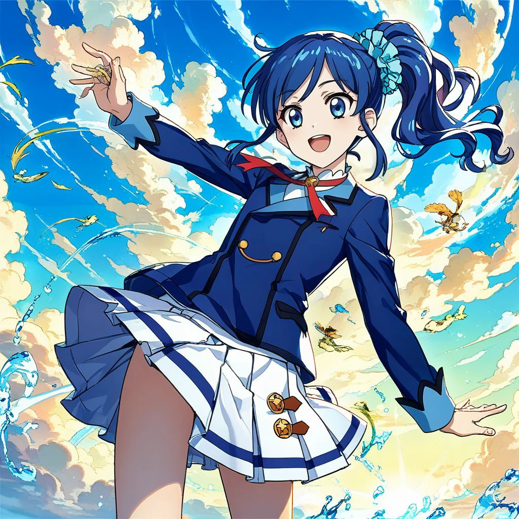 score_9, score_8_up,score_7_up,game cg,official art, uncensored, convenient censoring, covering privates,
rating_safe,
modeling, expressive hair, expressive clothes, dutch angle,wind
laughing, floating,
from below, blue sky,summer,backlighting, blue background, perspective,
kiriya aoi, blue hair, side ponytail, long hair,hair scrunchie, blue scrunchie, , <lora:aoinesan:0.8>,starlight academy school uniform,,blue jacket,white skirt