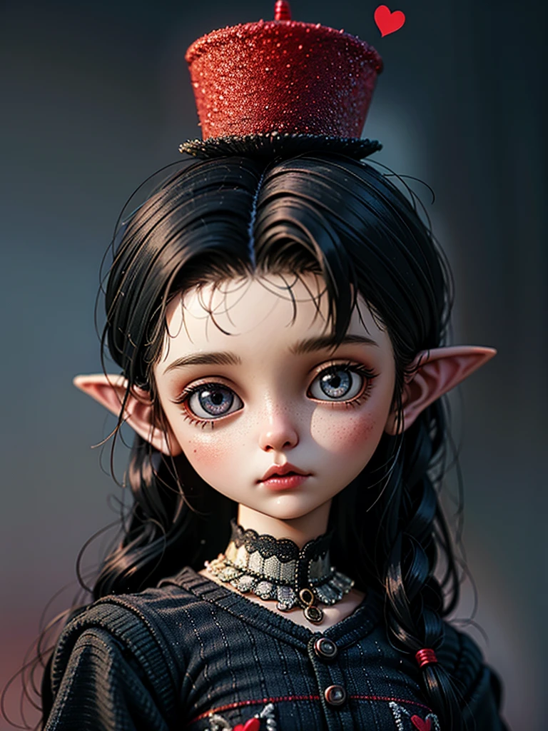 <lora:20240608-1717831942030:0.4> ,Young dwarven girl wearing light plate armor, strong build, optimistic expression, brave leader, slightly reckless demeanor, full body shot in a fantasy setting. Styled as a Goth Blythe doll with a headband featuring a tiny top hat to the side, a red glittery heart around one eye, and a glittery black spade around the other eye. Big, realistic eyes with an intricate maximalism design, highly detailed and high definition, set against a dark background, in the distinctive Blythe doll style.